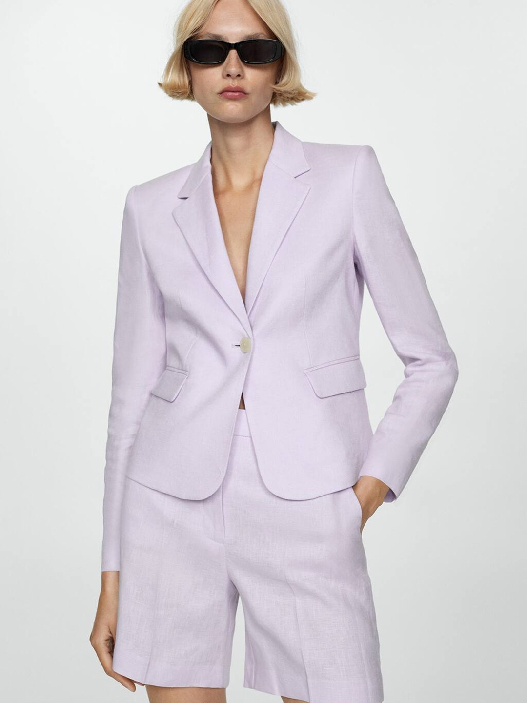 

MANGO Single-Breasted Linen Blazer, Lavender