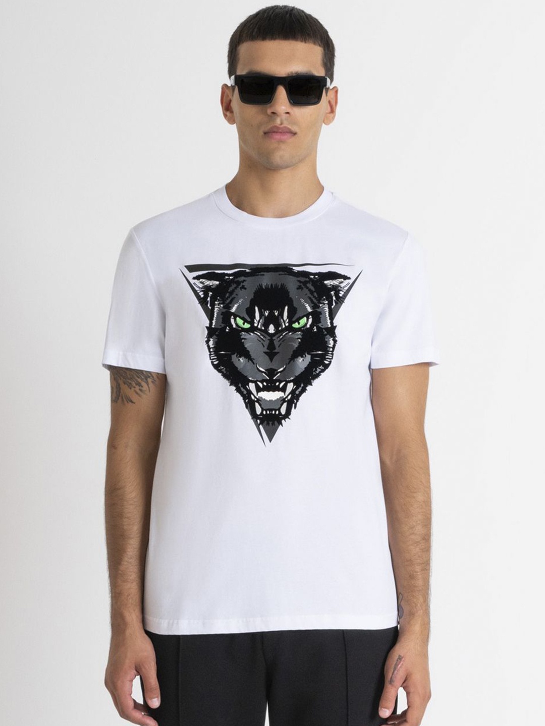 

Antony Morato Men Animal Printed Round Neck Cotton T-shirt, White