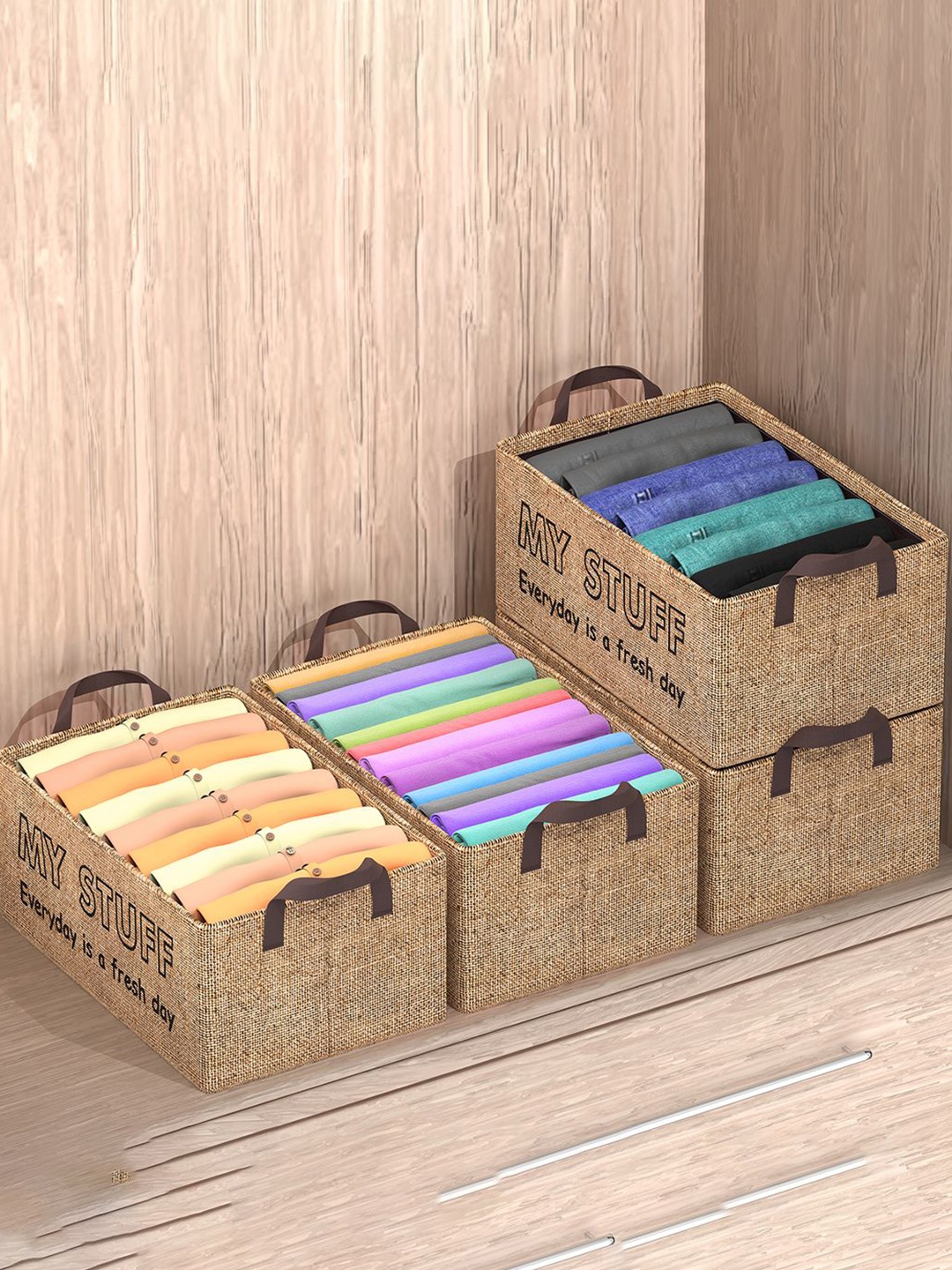 

Kuber Industries Brown 4 Pieces Jute Foldable Drawer Organisers