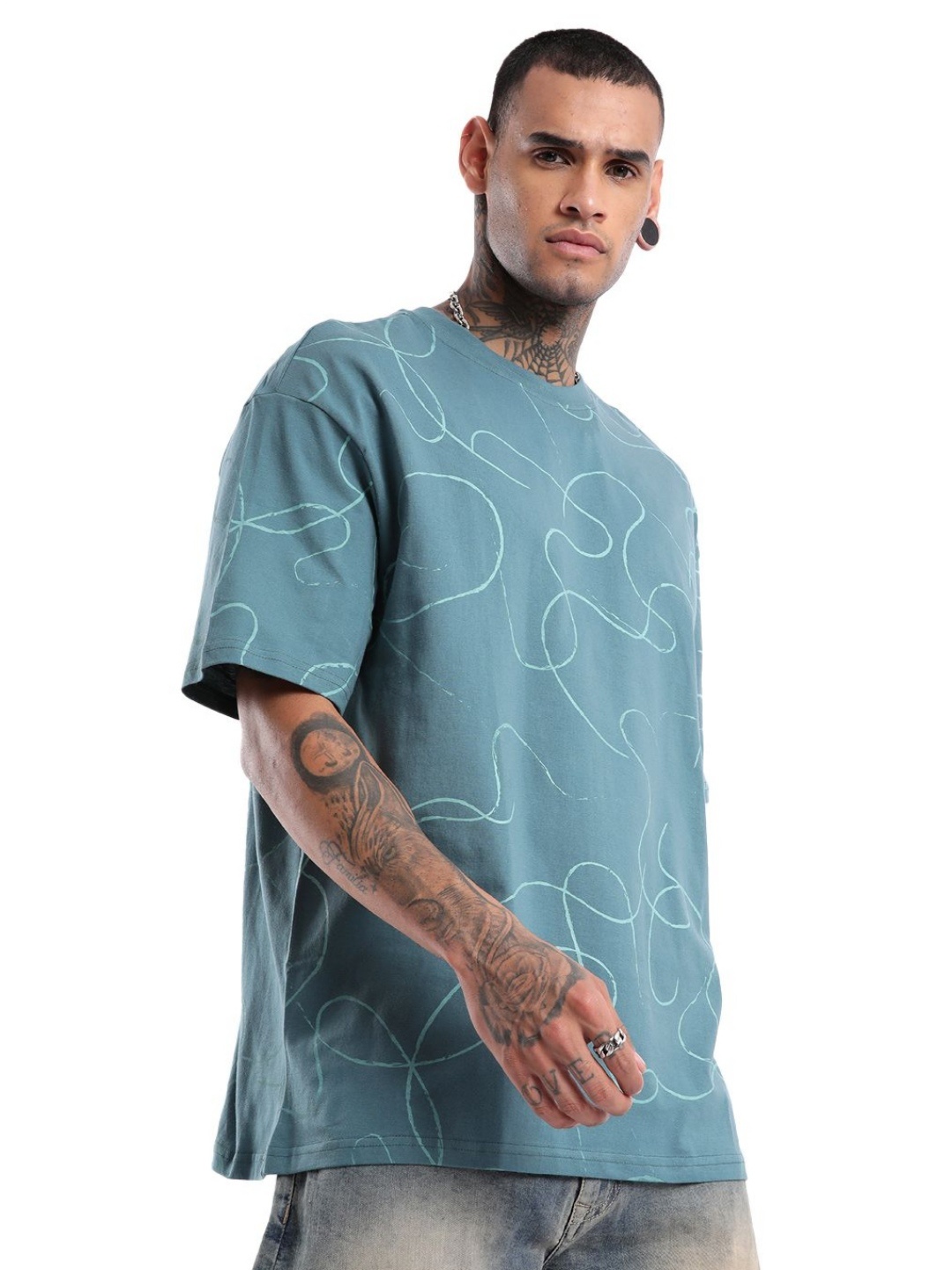 

WROGN Men Abstract Printed Round Neck Cotton Oversized T-shirt, Teal