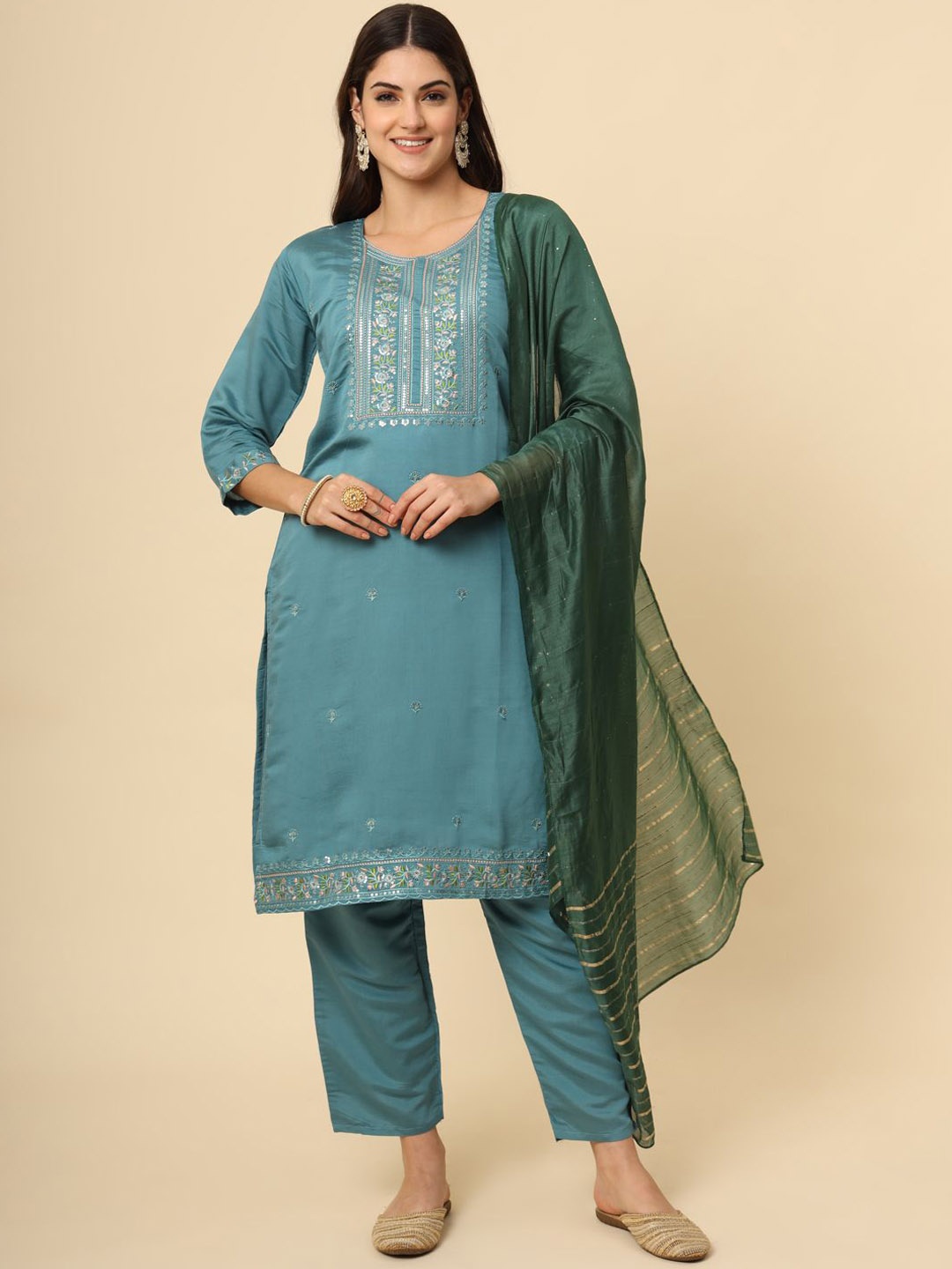 

HERE&NOW Campa Floral Embroidered Straight Thread Work Kurta with Trouser & Dupatta, Turquoise blue