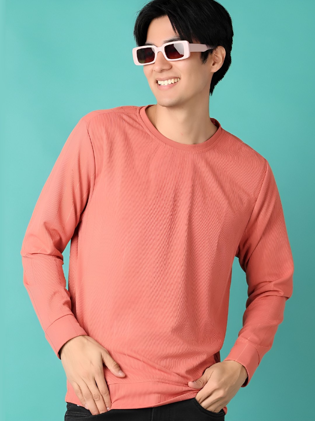 

V-Mart Men Self Design Round Neck Cotton T-shirt, Peach