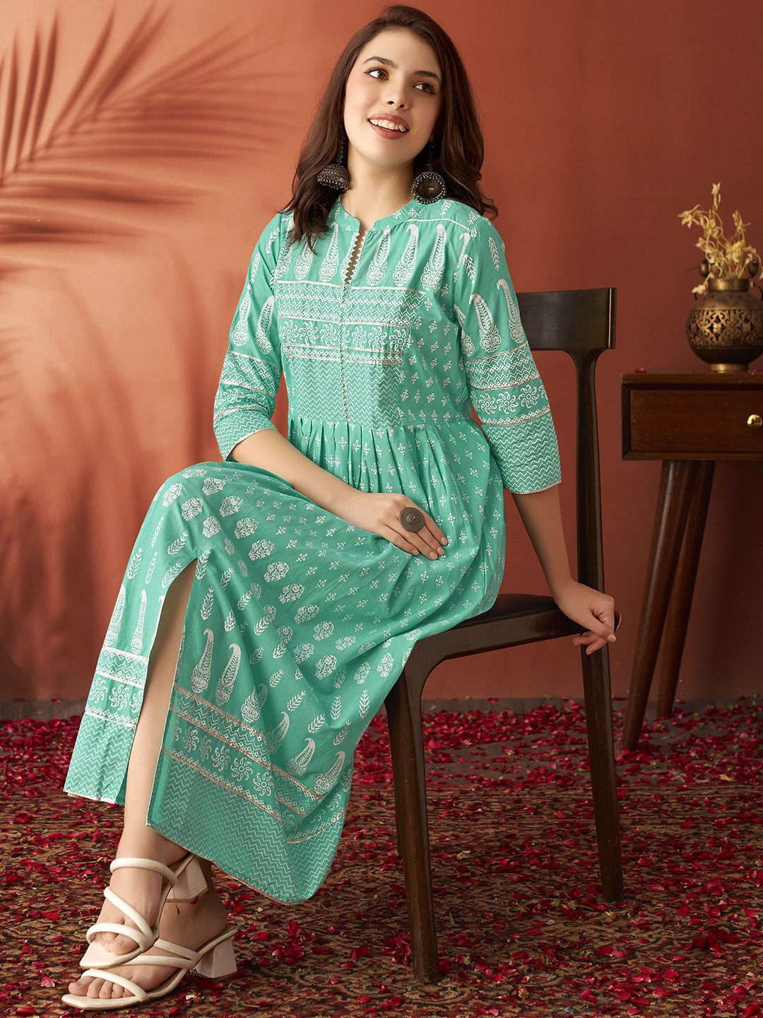 

Anouk Ethnic Motifs Printed Cotton Regular A-Line Dress, Blue