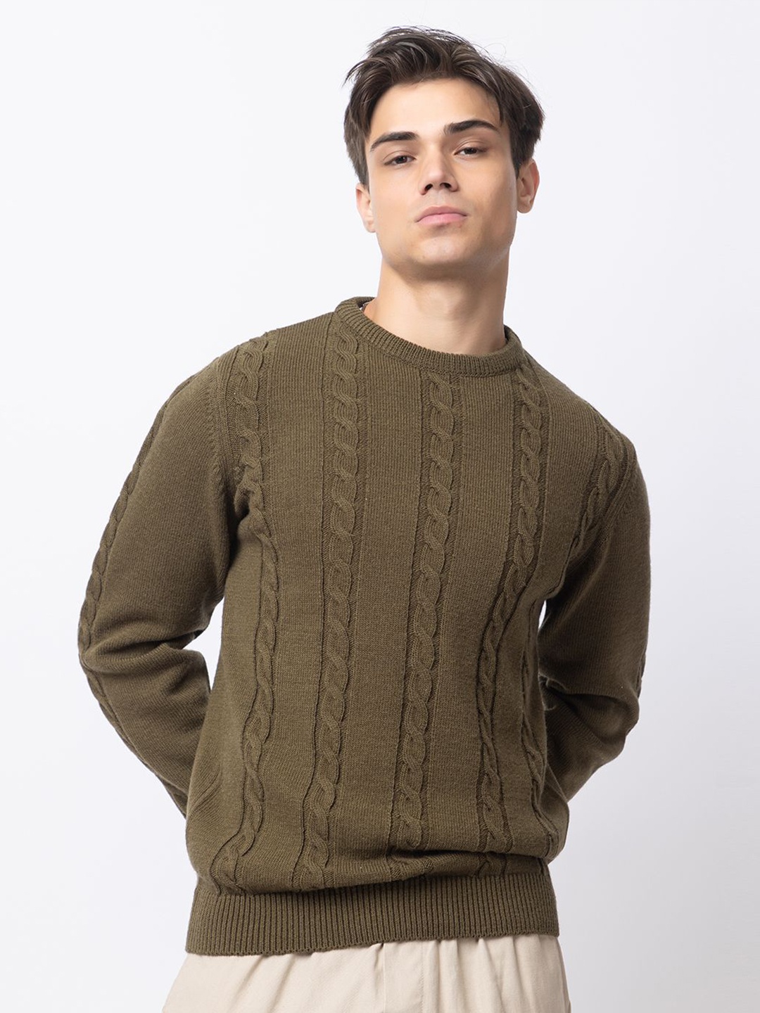 

ARMISTO Men Chunky Cable Knit Woollen Pullover, Olive