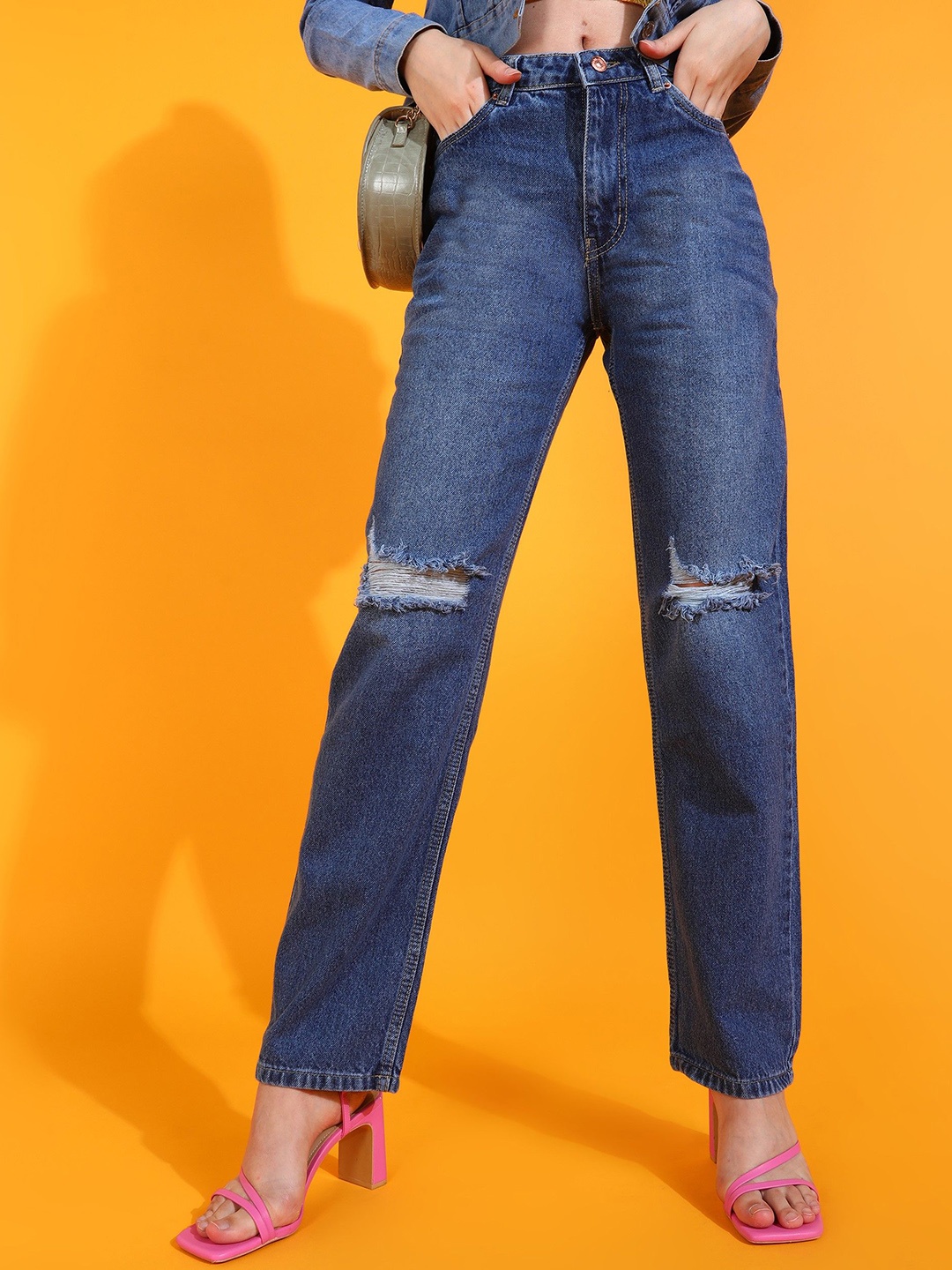 

SHECZZAR Women Slim Fit Mid-Rise Cotton Heavy Fade Jeans, Navy blue