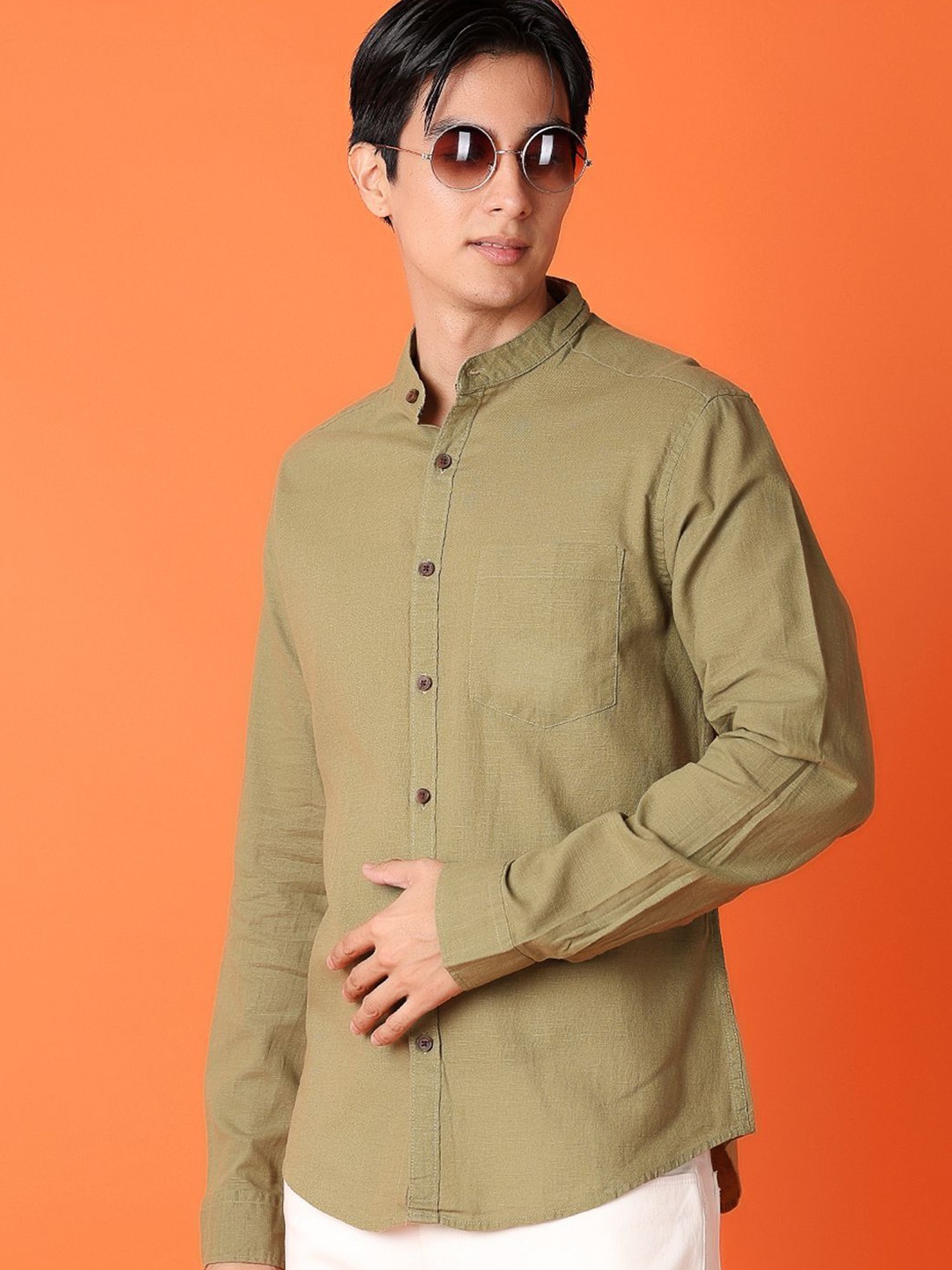 

V-Mart Men Band Collar Solid Cotton Casual Shirt, Green