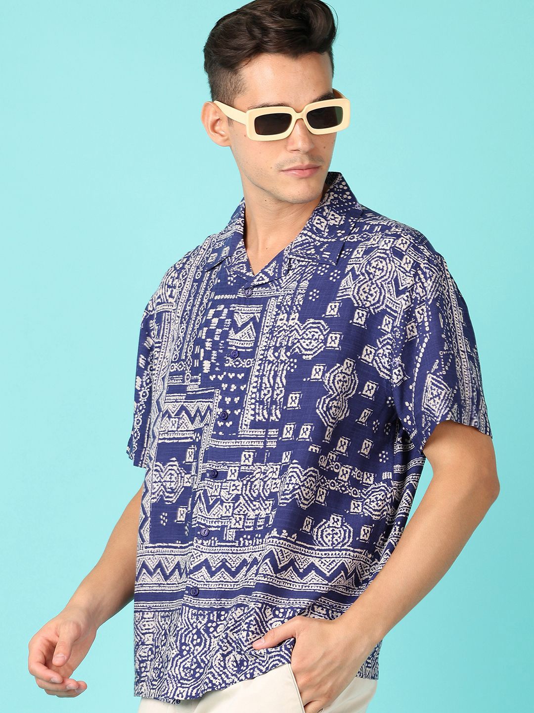 

V-Mart Men Cuban Collar Ethnic Motifs Printed Casual Shirt, Blue