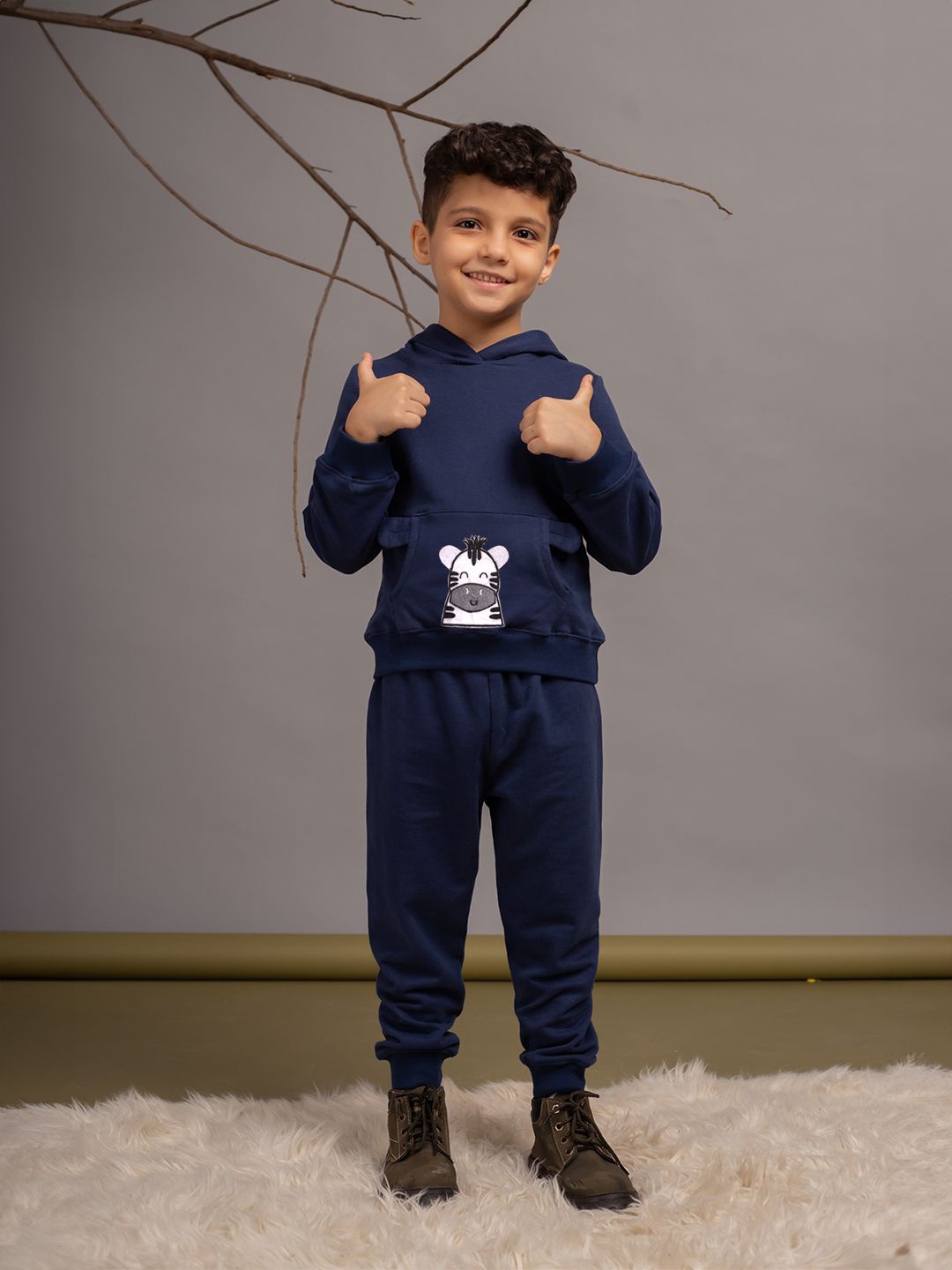 

Budding Bees Boys Fox Embroidered Hooded Cotton Fleece Sweatshirt With Joggers, Navy blue