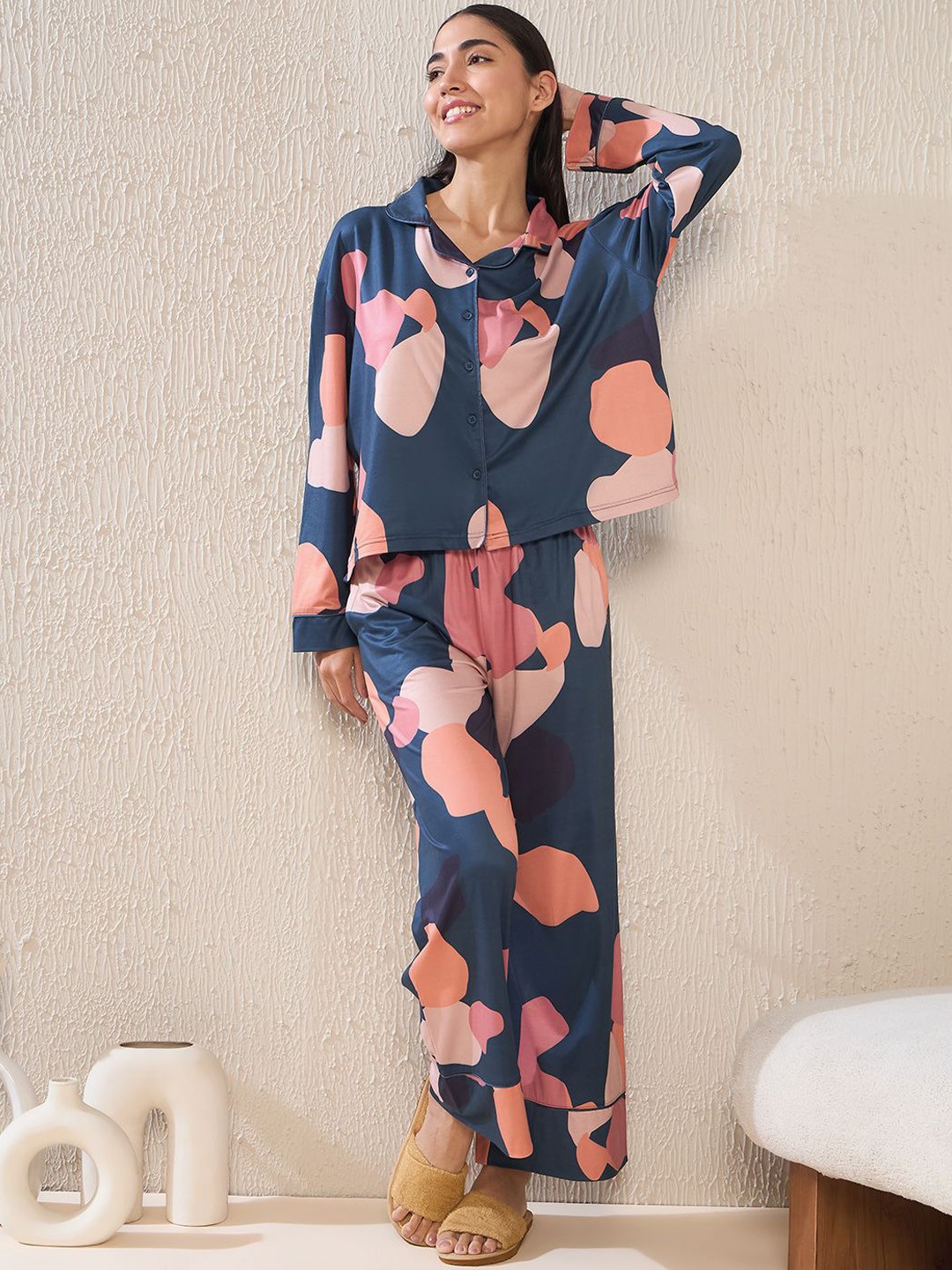

Sweet Dreams Women Floral Printed Night suit, Navy blue