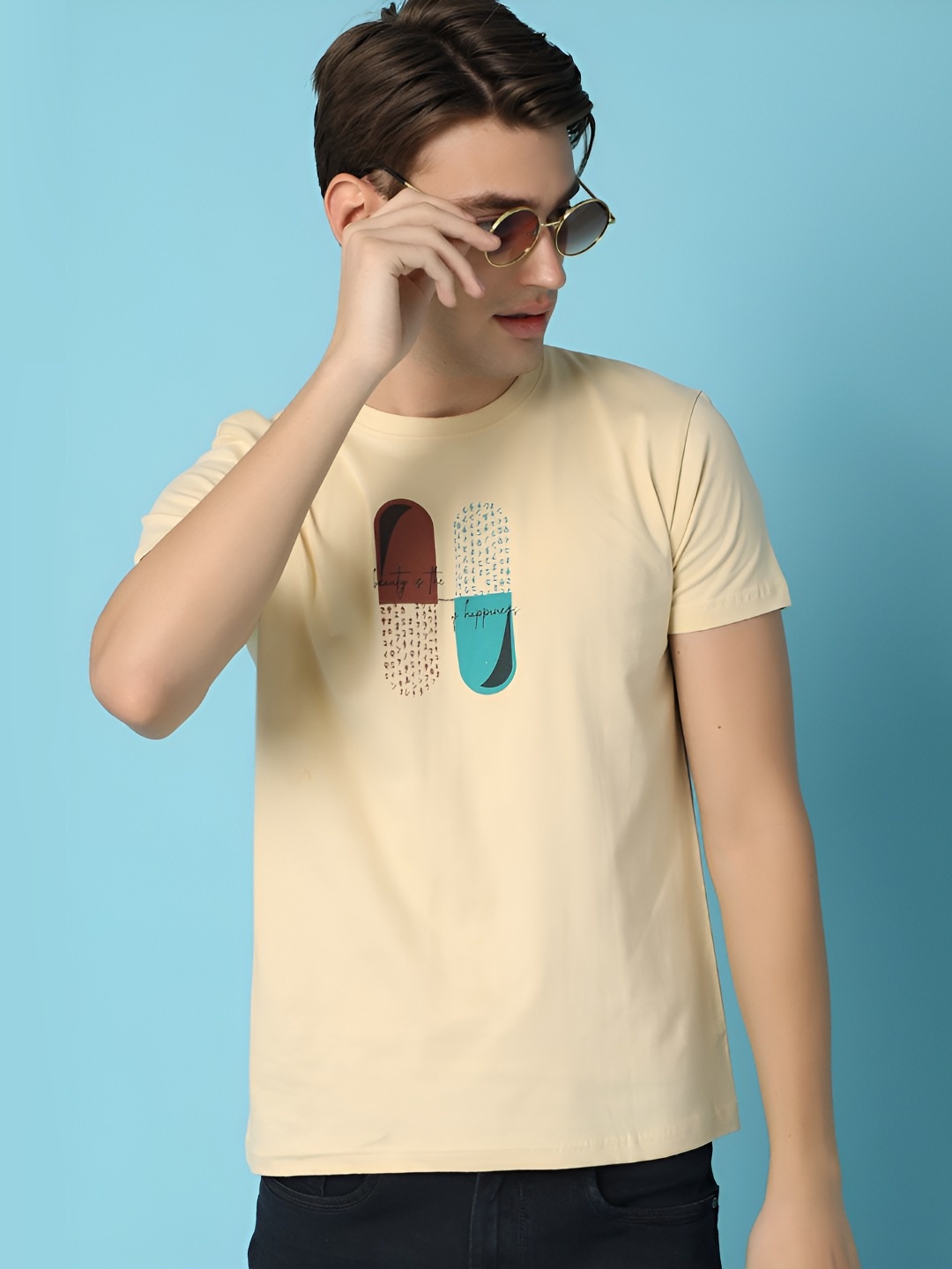 

V-Mart Men Graphic Printed Round Neck Cotton T-shirt, Beige