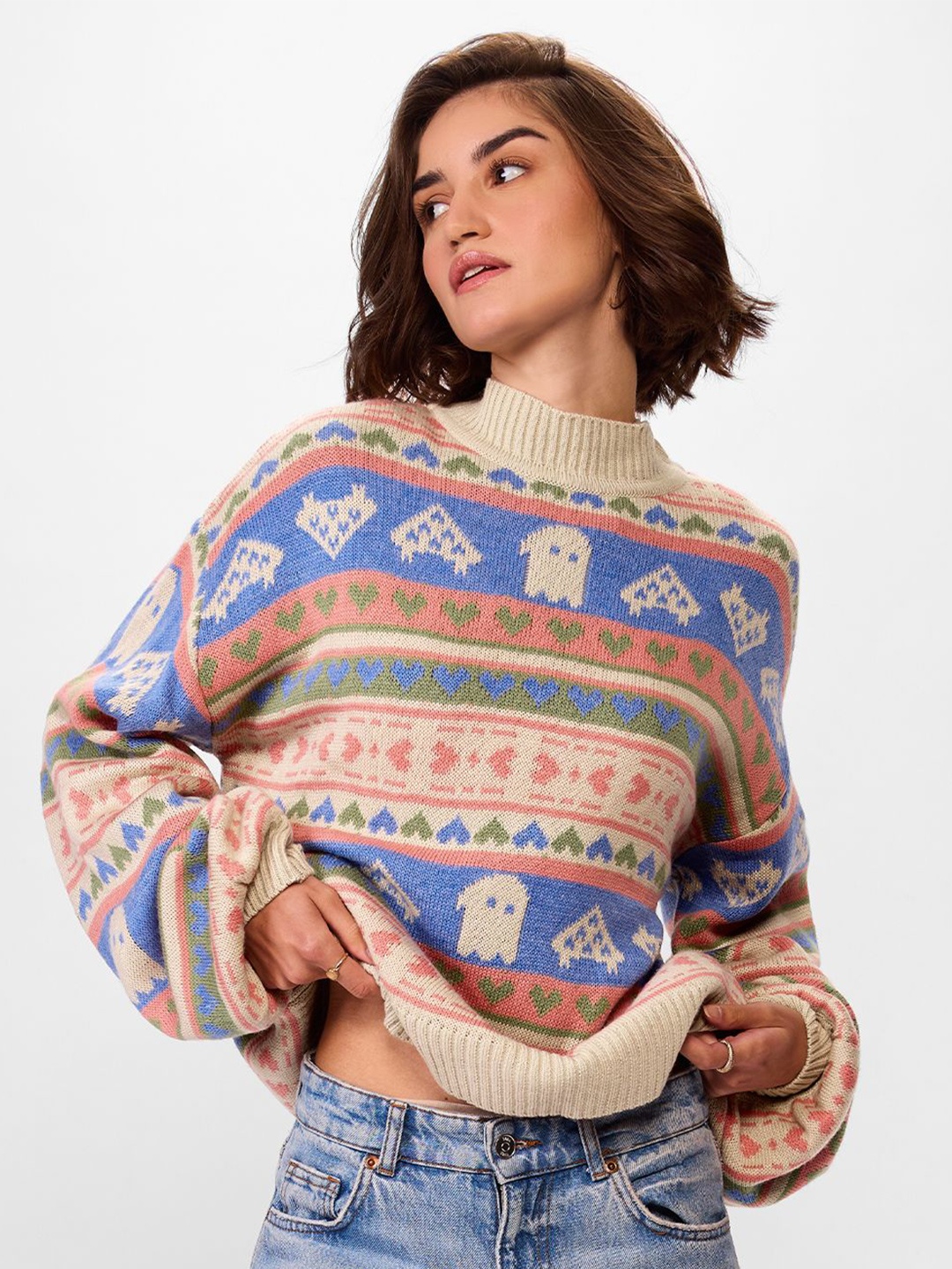 

The Souled Store Women Cable Knit Printed Pullover Sweater, Beige