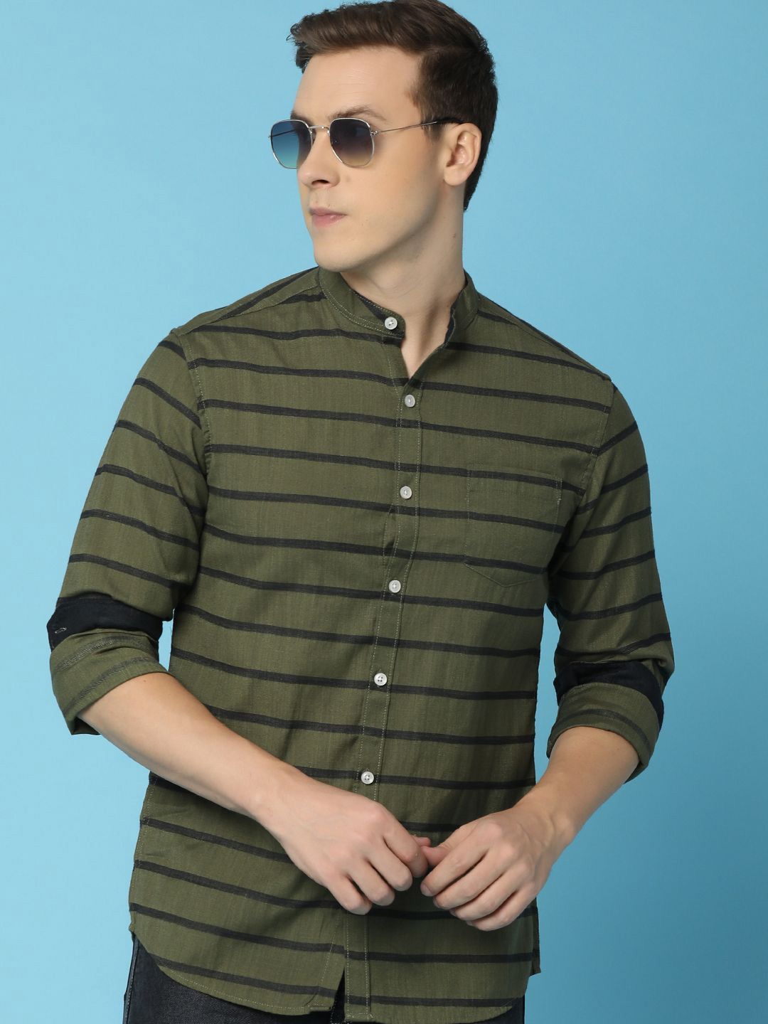 

V-Mart Men Band Collar Horizontal Striped Cotton Casual Shirt, Green