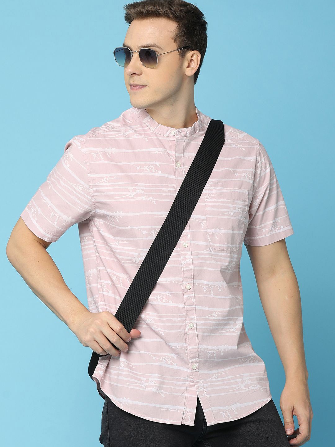 

V-Mart Men Band Collar Horizontal Striped Cotton Casual Shirt, Pink