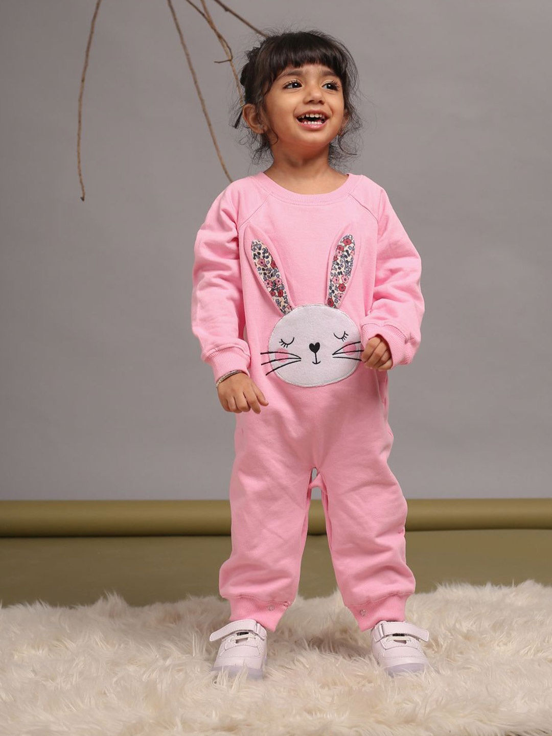 

Budding Bees Girls Infants Rabbit Embroidered Romper, Pink