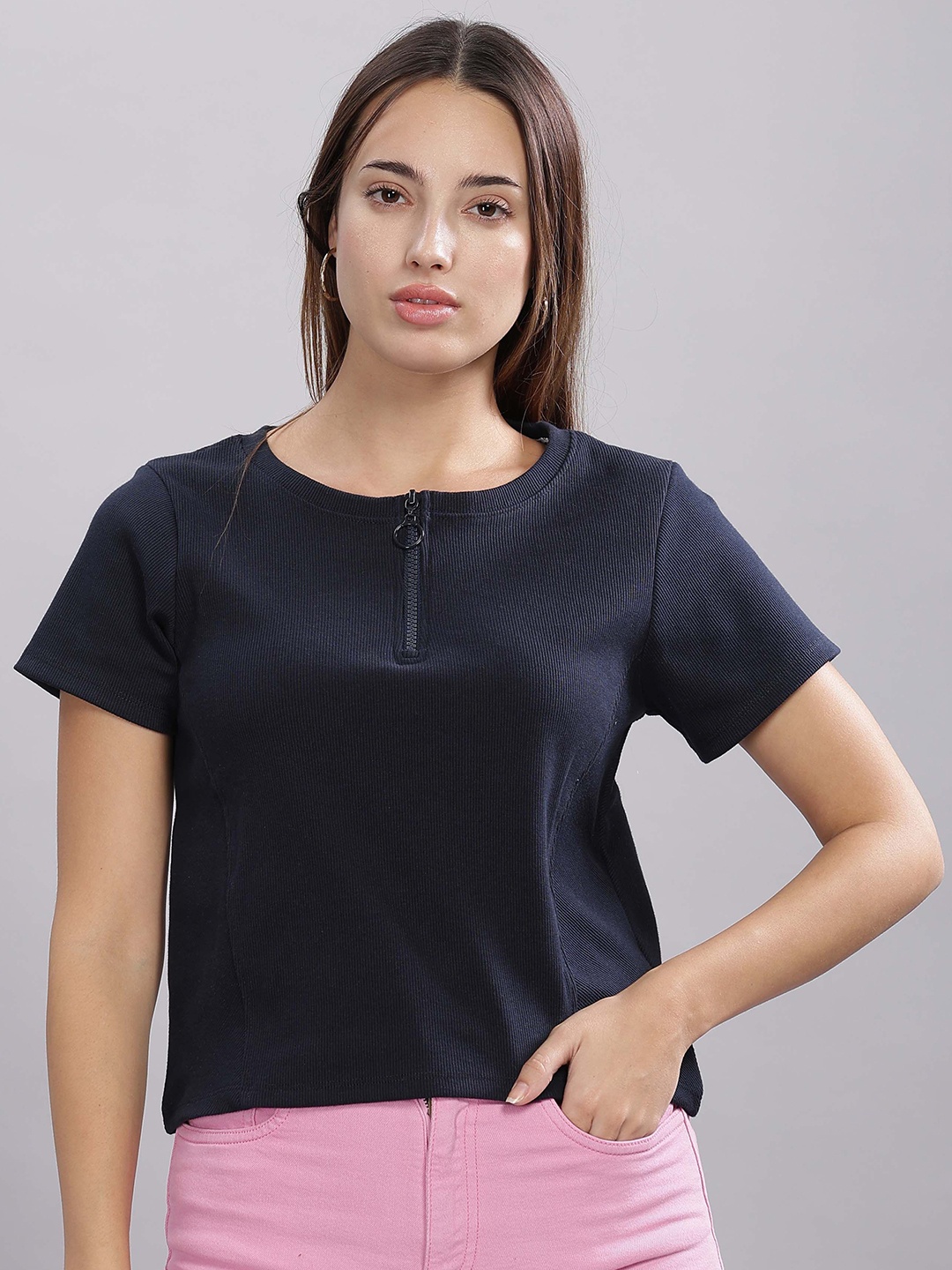 

HEYLAY Women Solid Henley Neck Pure Cotton T-shirt, Navy blue