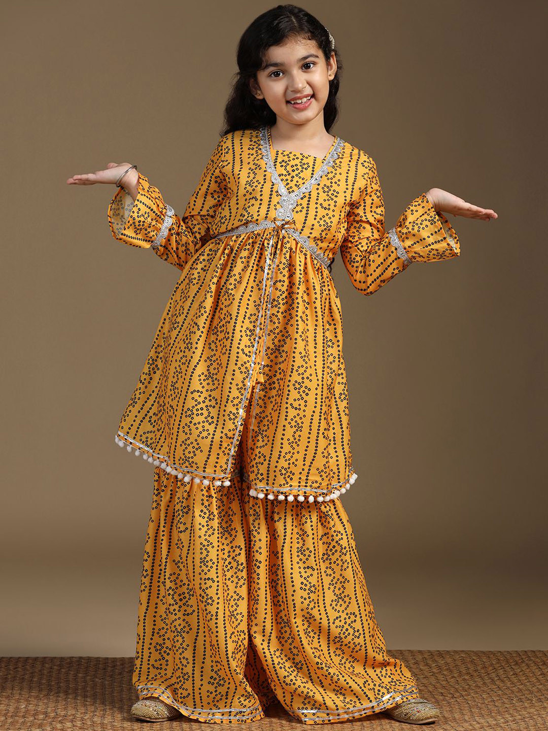 

BAESD Girls Bandhani Printed Gotta Patti Kurta with Sharara, Yellow