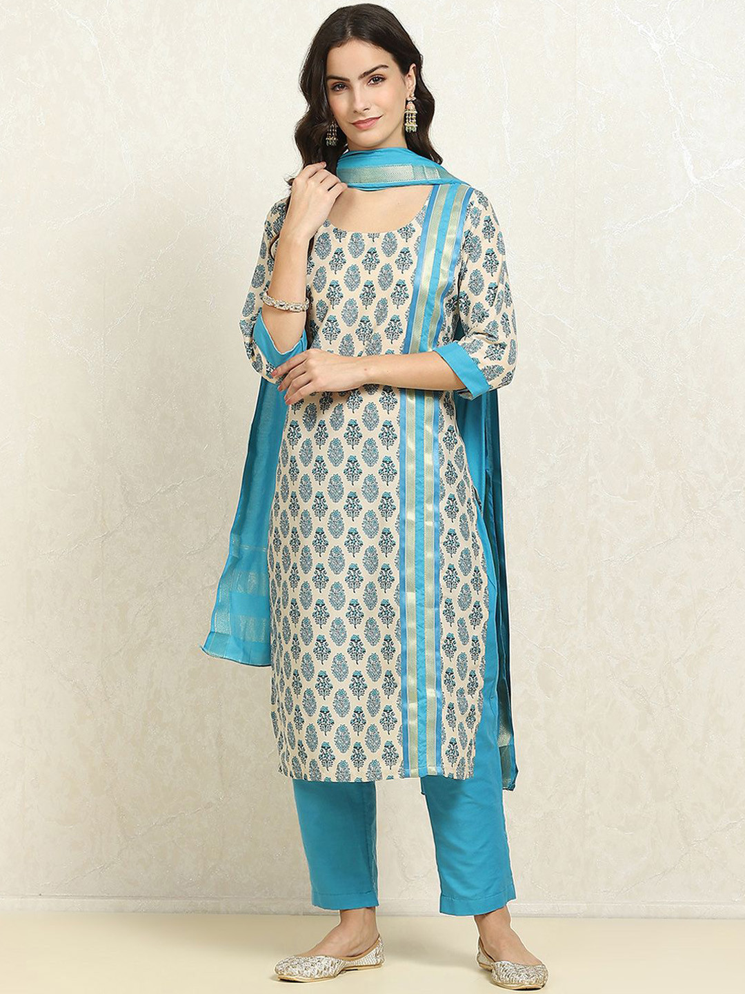 

Biba Floral Printed Pure Cotton Unstitched Dress Material, Blue