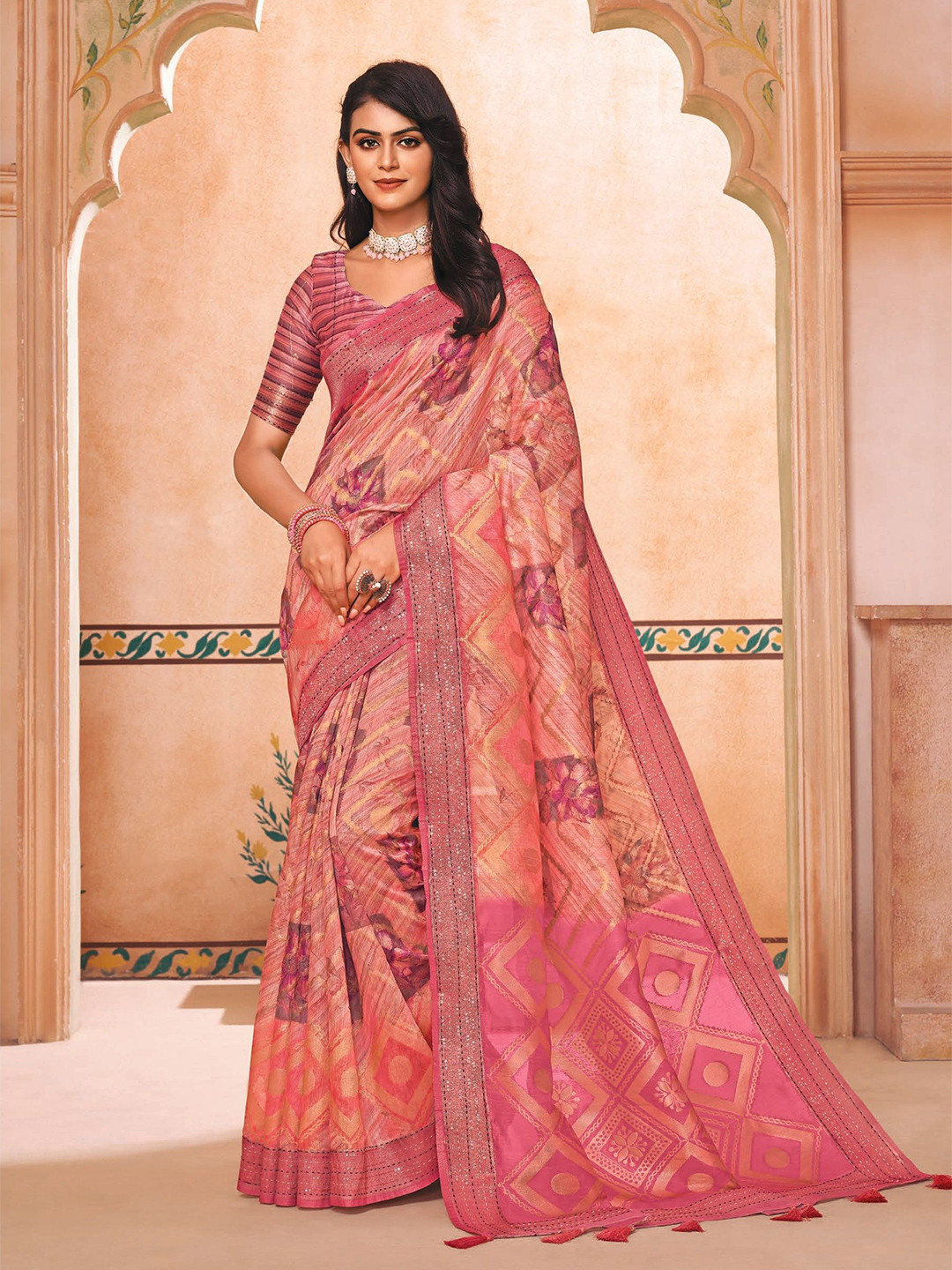

MAHALASA Ethnic Motifs Woven Design Zari Saree, Pink