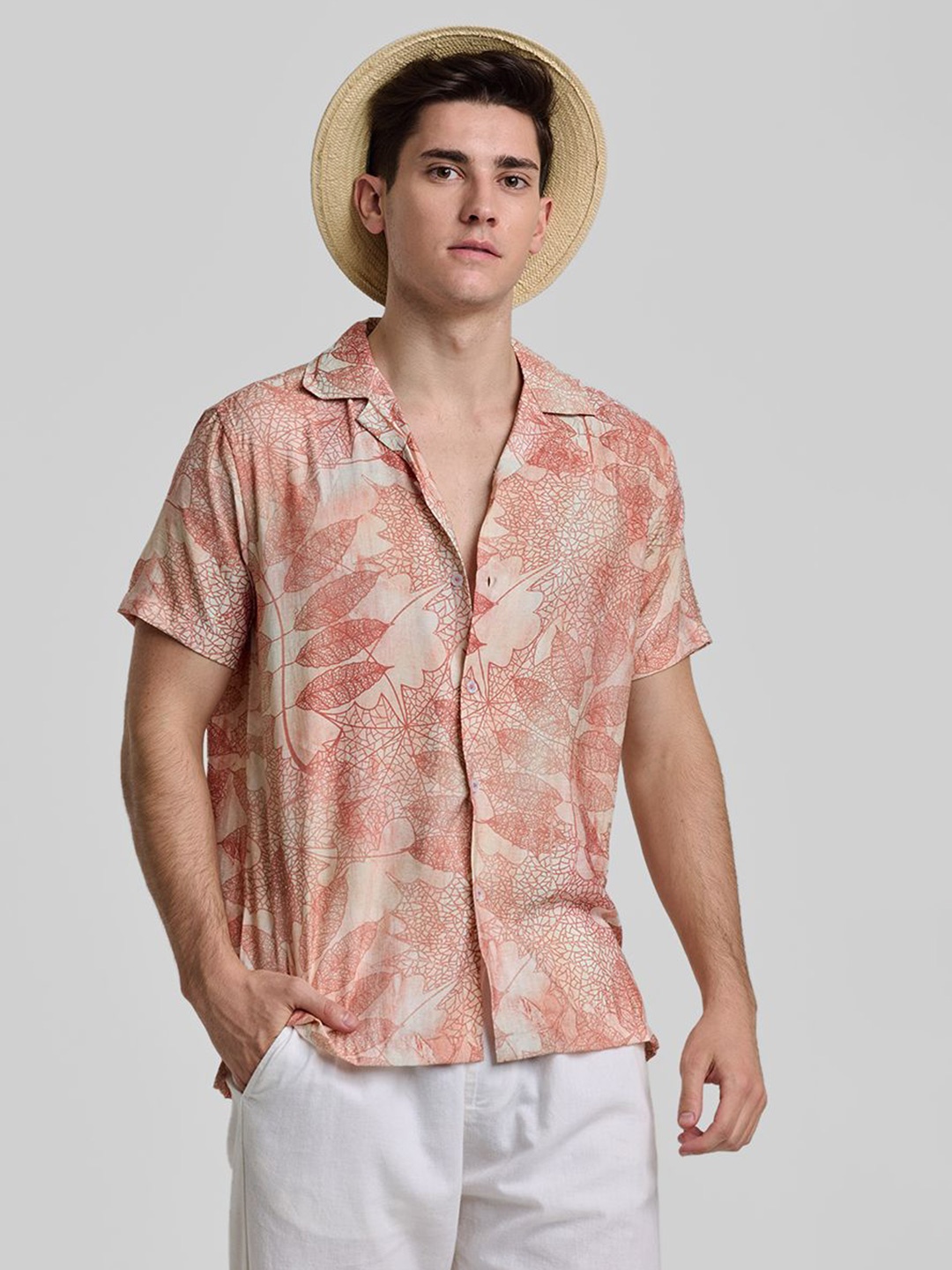 

Snitch Men Smart Cuban Collar Tropical Printed Casual Shirt, Peach