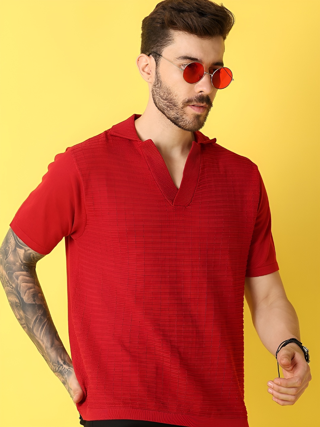 

V-Mart Men Self Design Polo Collar Cotton T-shirt, Red