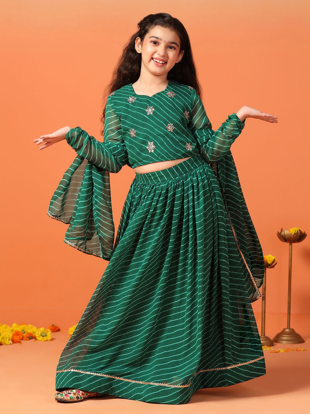 

BAESD Girls Printed Ready to Wear Lehenga & Blouse With Dupatta, Green