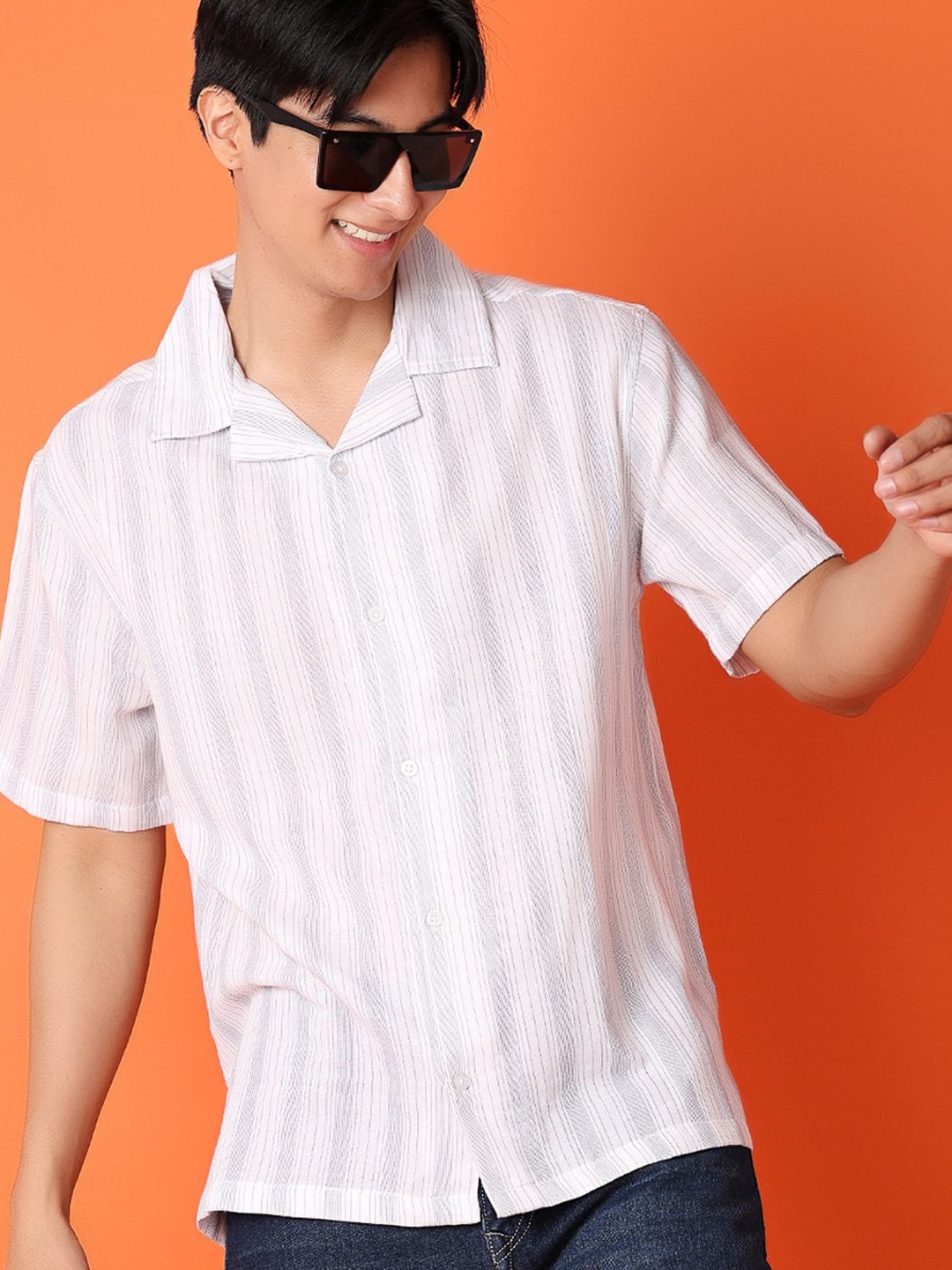 

V-Mart Men Cuban Collar Vertical Striped Cotton Casual Shirt, White