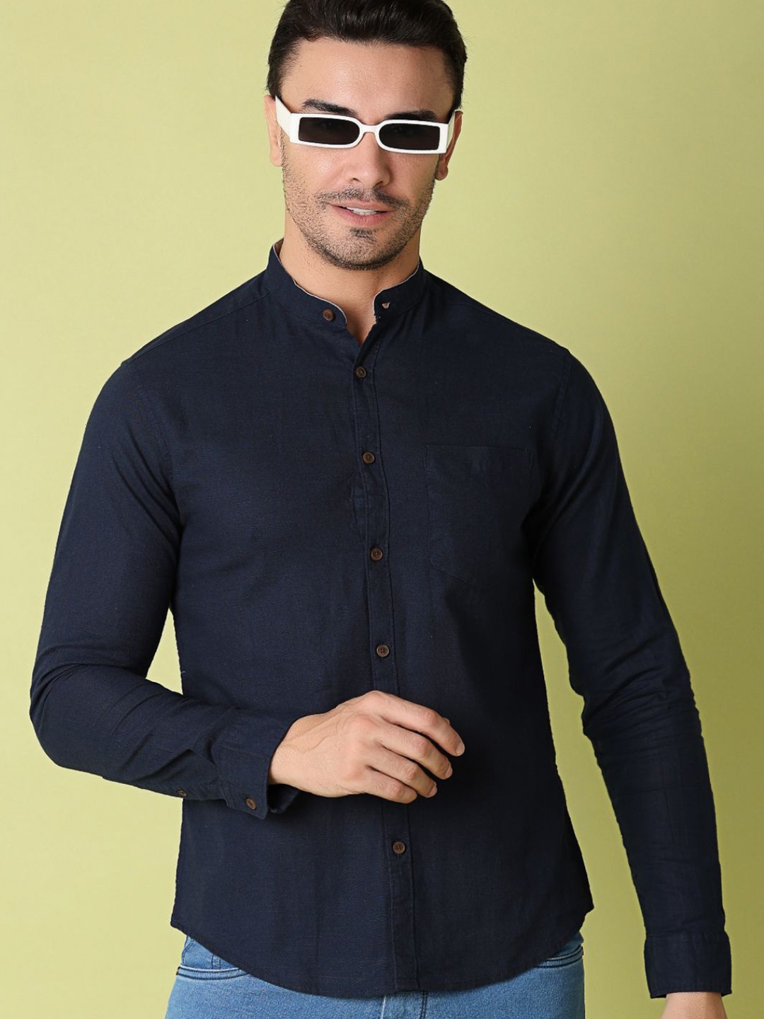 

V-Mart Men Band Collar Solid Cotton Casual Shirt, Navy blue