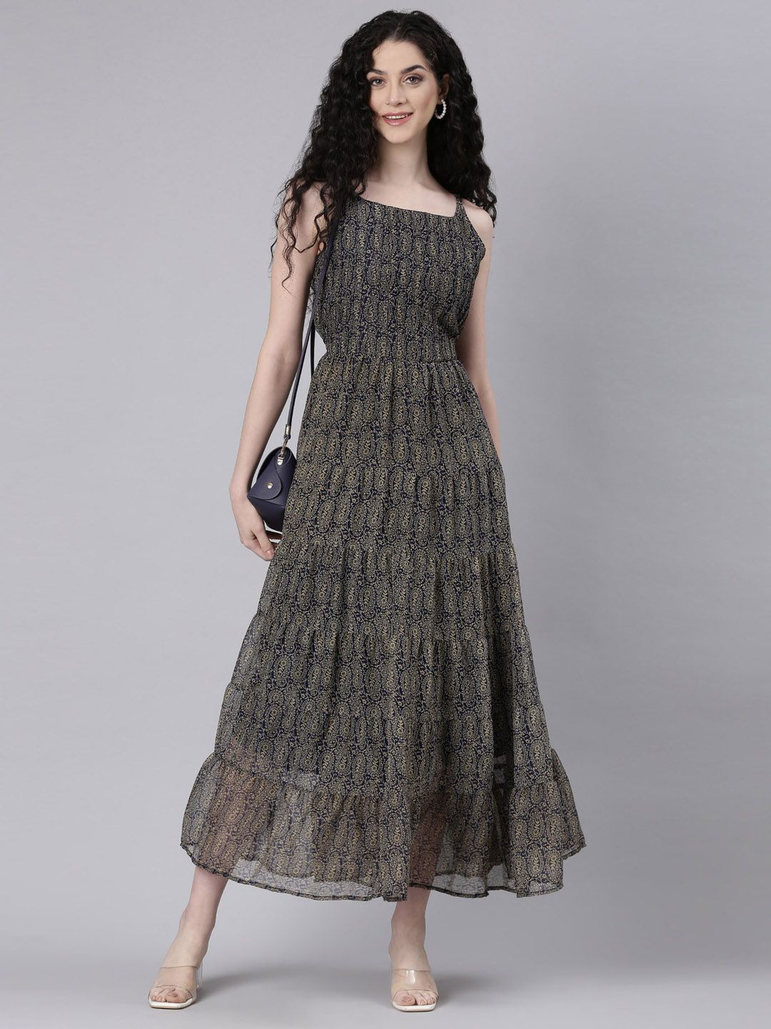 

Souchii Women Floral Printed Layered Maxi Ethnic Dresses, Navy blue