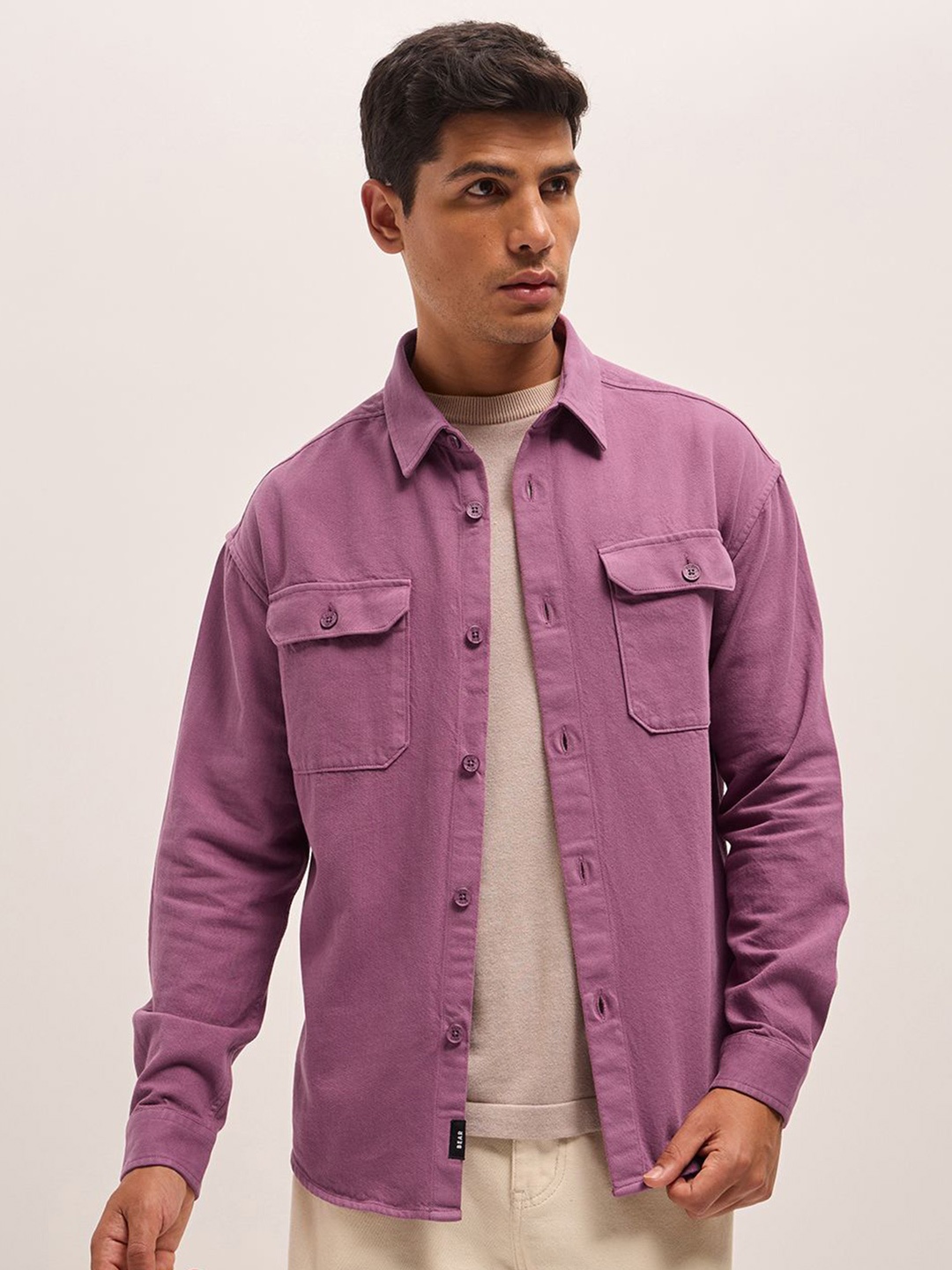 

THE BEAR HOUSE Men Spread Collar Solid Cotton Relaxed Fit Casual Shirt, Purple