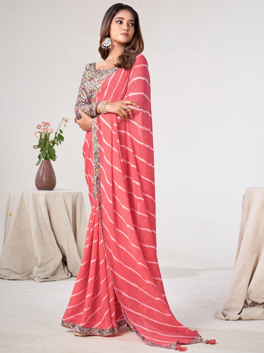 

Panzora Striped Printed Saree With Blouse Piece, Pink