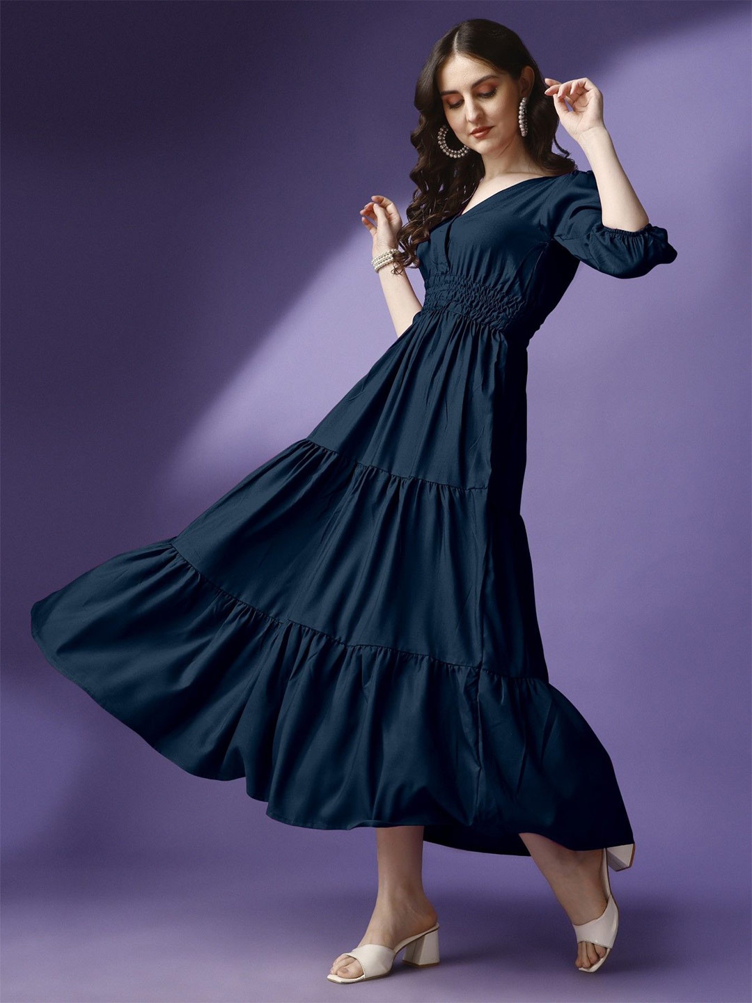 

Raiyani Enterprise Women Applique Crepe Fit & Flare Solid Maxi Dress, Blue