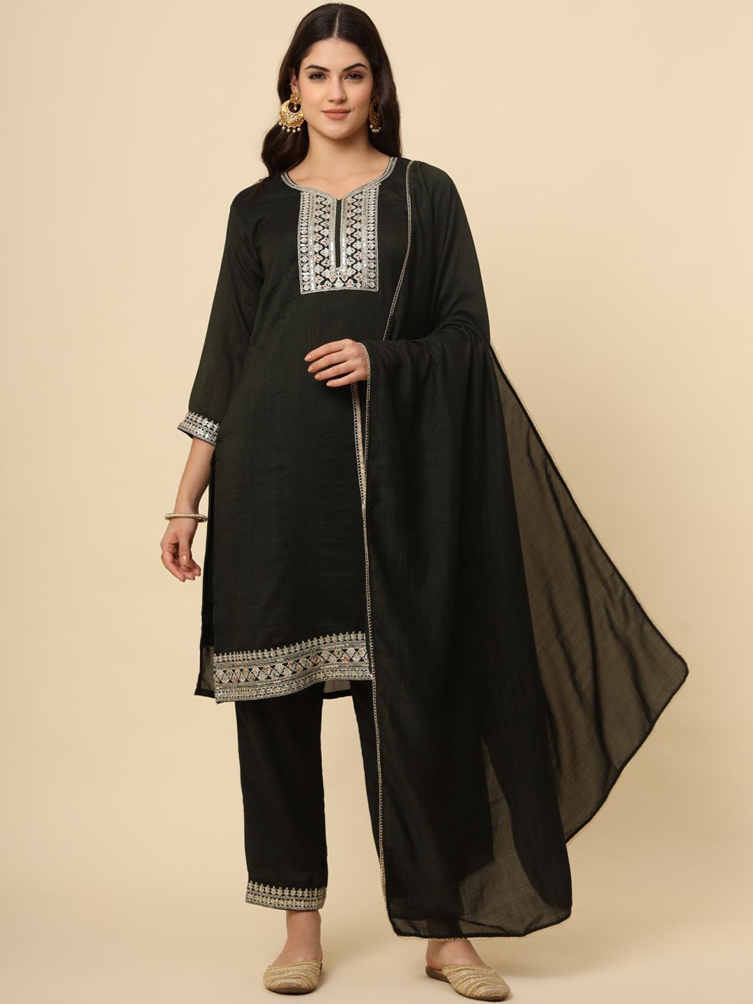 

HERE&NOW Black Floral Embroidered Straight Kurta With Palazzos & Dupatta