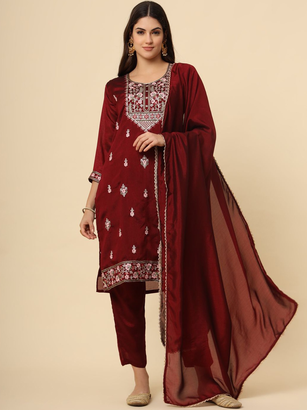 

HERE&NOW Maroon Floral Embroidered Straight Kurta With Palazzos & Dupatta