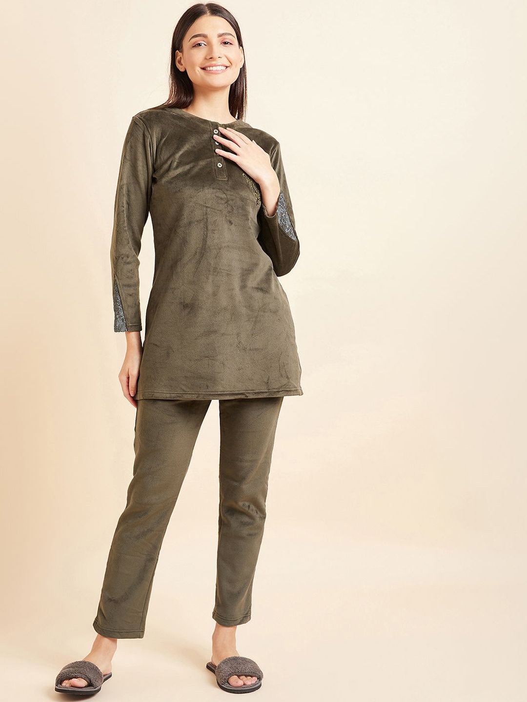 

Sweet Dreams Women Round Neck Night suit, Olive