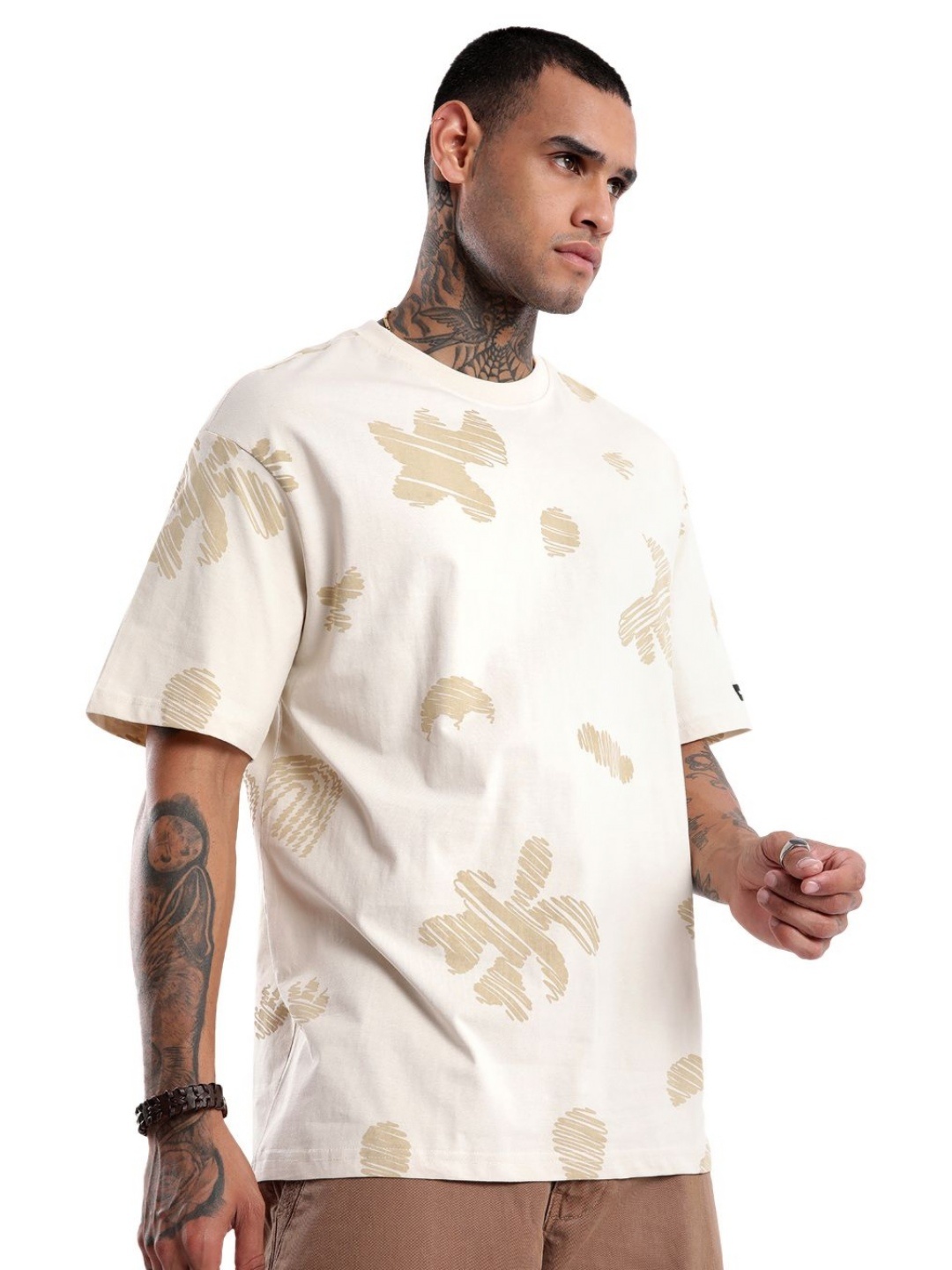 

WROGN Men Abstract Printed Round Neck Cotton Oversized T-shirt, Beige