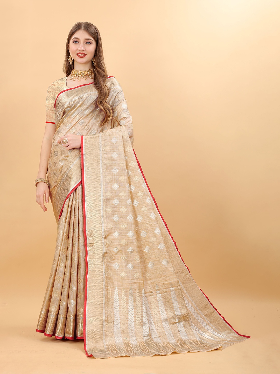 

NIWAA Woven Design Zari Pure Cotton Banarasi Saree, Beige