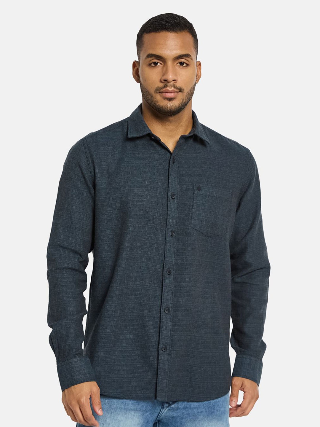 

METTLE Men Spread Collar Solid Cotton Casual Shirt, Teal