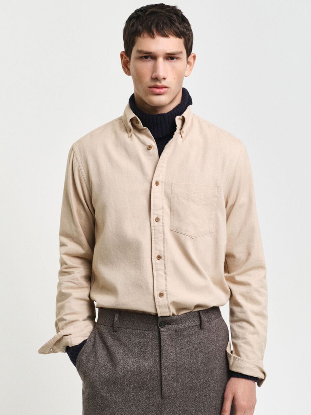 

GANT Men Button-Down Collar Solid Cotton Casual Shirt, Beige