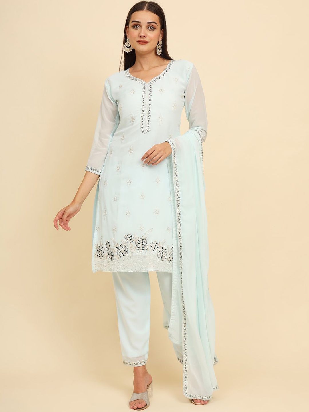 

HERE&NOW Begum Floral Embroidered Straight Thread Work Kurta with Trouser & Dupatta, Blue