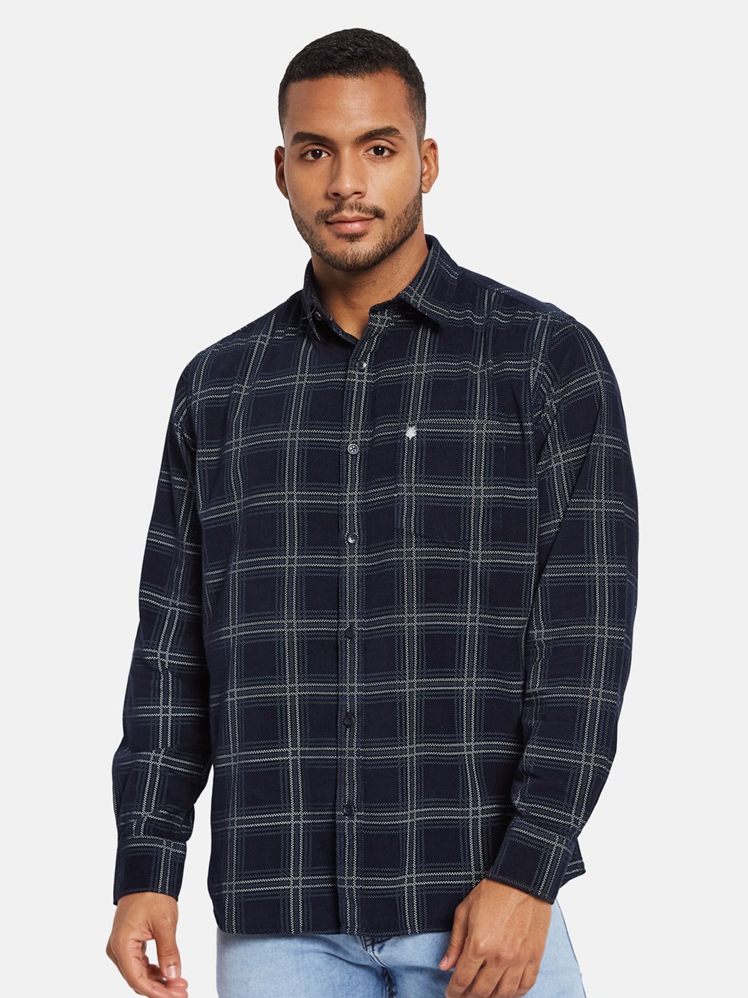 

METTLE Men Spread Collar Checked Cotton Casual Shirt, Navy blue