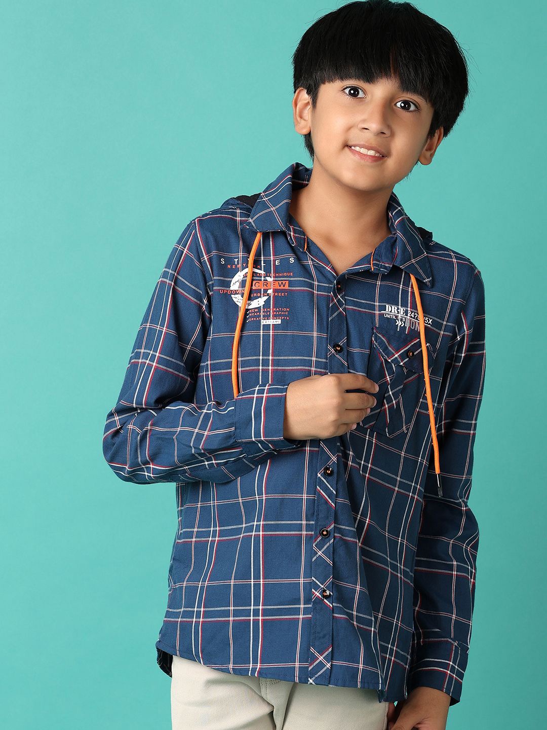 

V-Mart Boys Hood Tartan Checked Cotton Casual Shirt, Navy blue