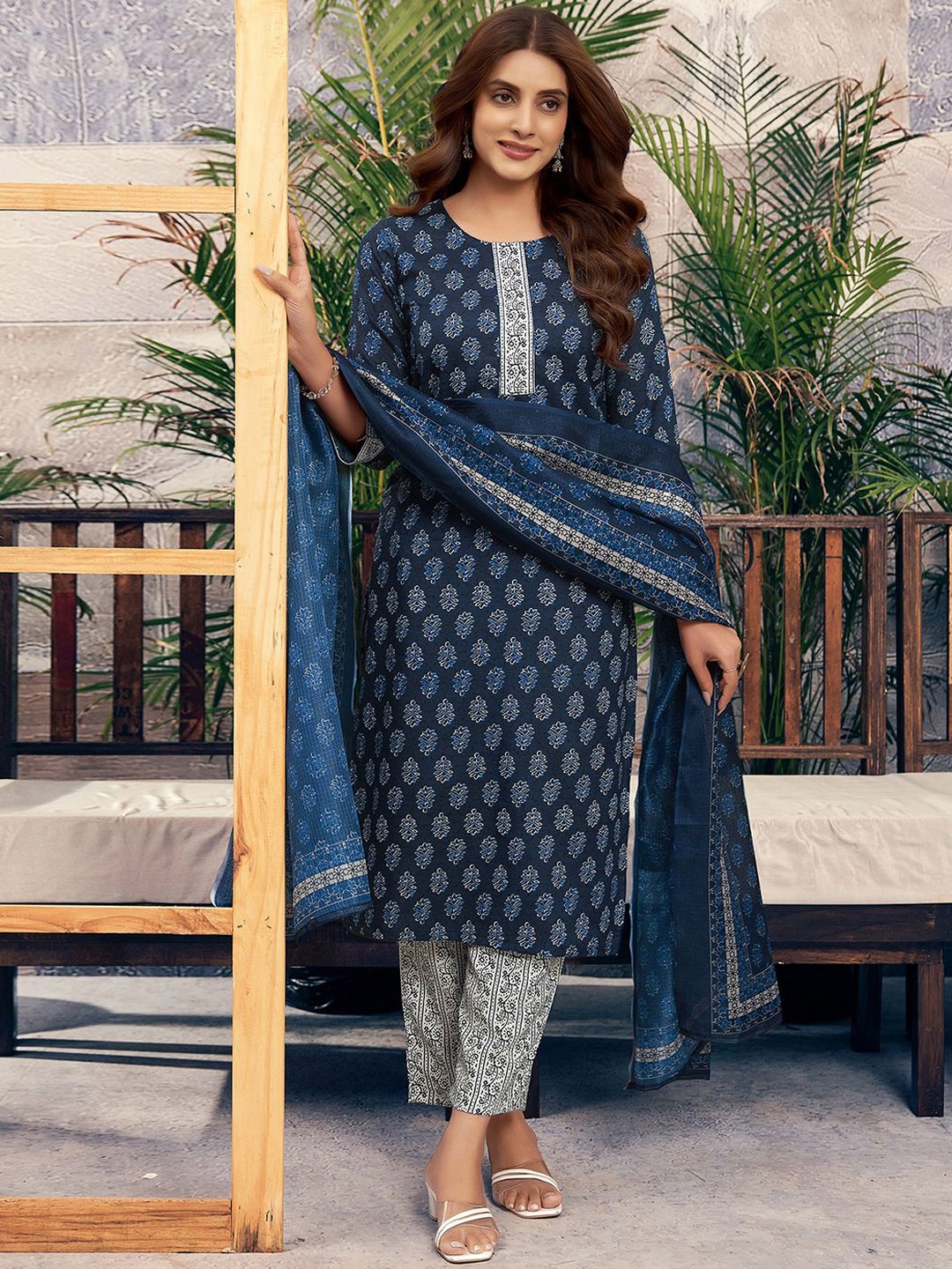 

KALINI Floral Printed Kurta with Trouser & Dupatta, Blue