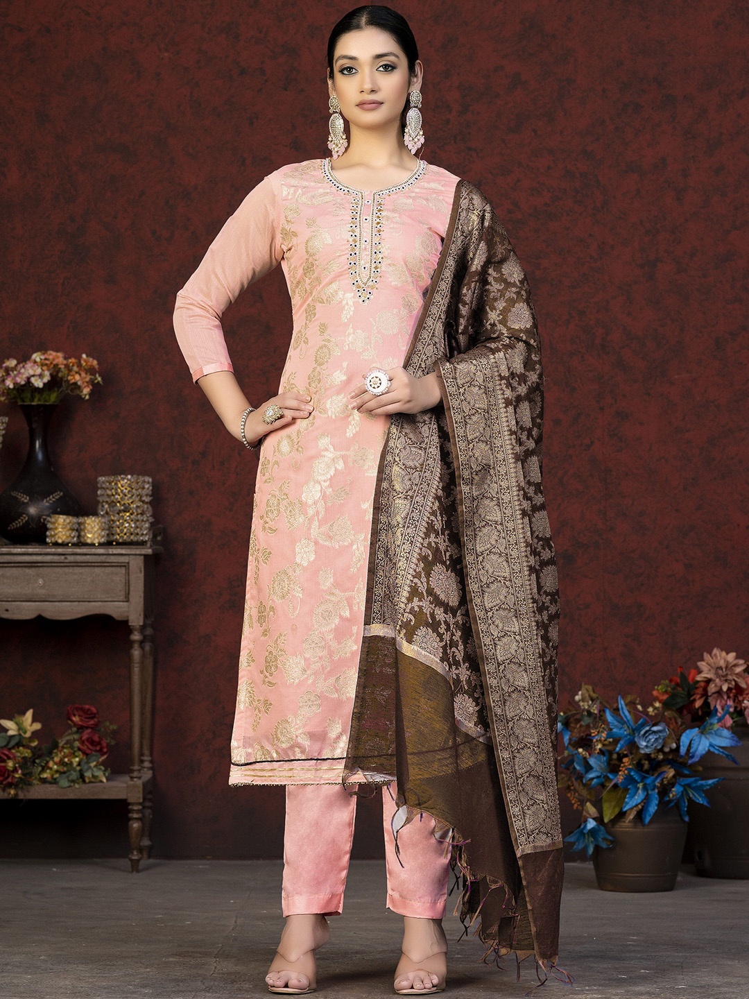 

Maroosh Floral Embellished Unstitched Dress Material, Peach