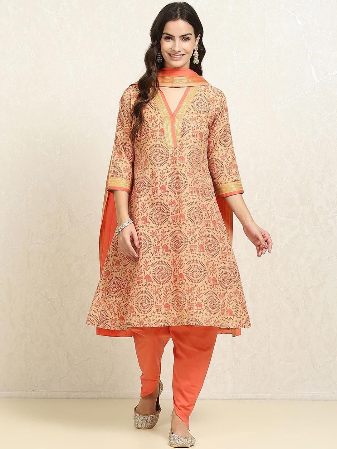 

Biba Ethnic Motifs Pure Cotton Unstitched Dress Material, Peach