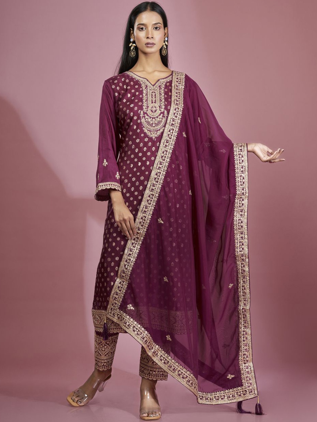 

ISHKIYA Floral Printed Thread Work Pure Silk Kurta with Trouser & Dupatta, Purple