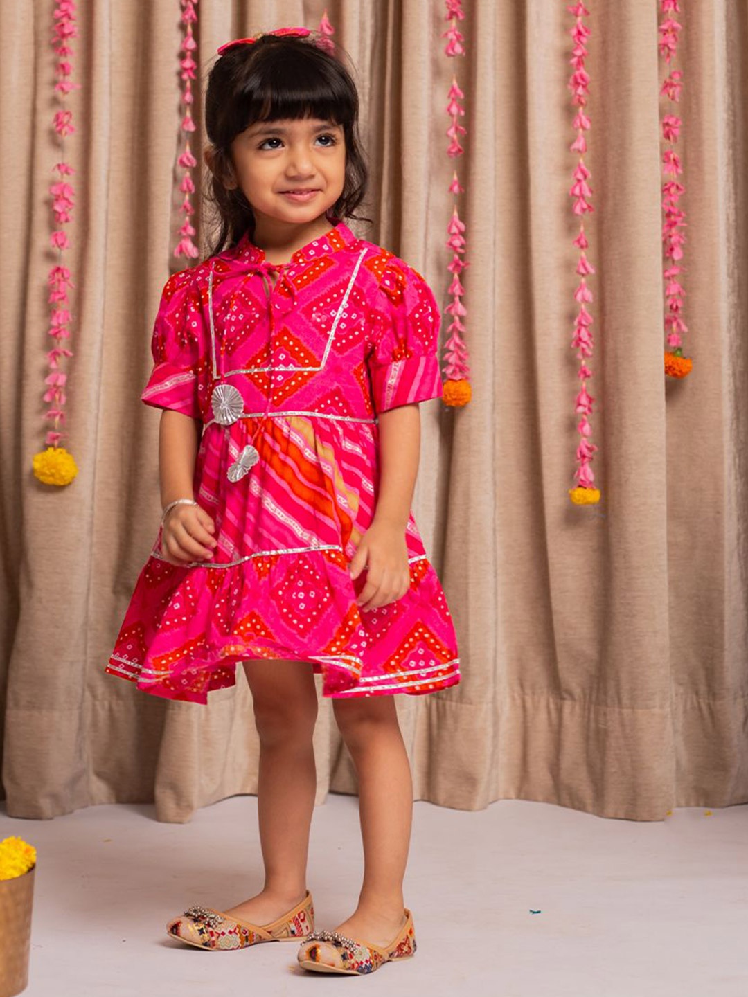 

Budding Bees Girls Printed Tie-Up Neck Cotton Fit & Flare Dress, Pink