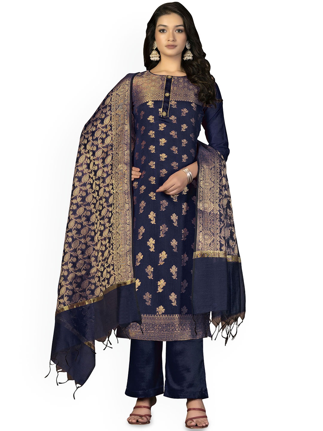 

Maroosh Ethnic Motifs Woven Design Unstitched Dress Material, Navy blue