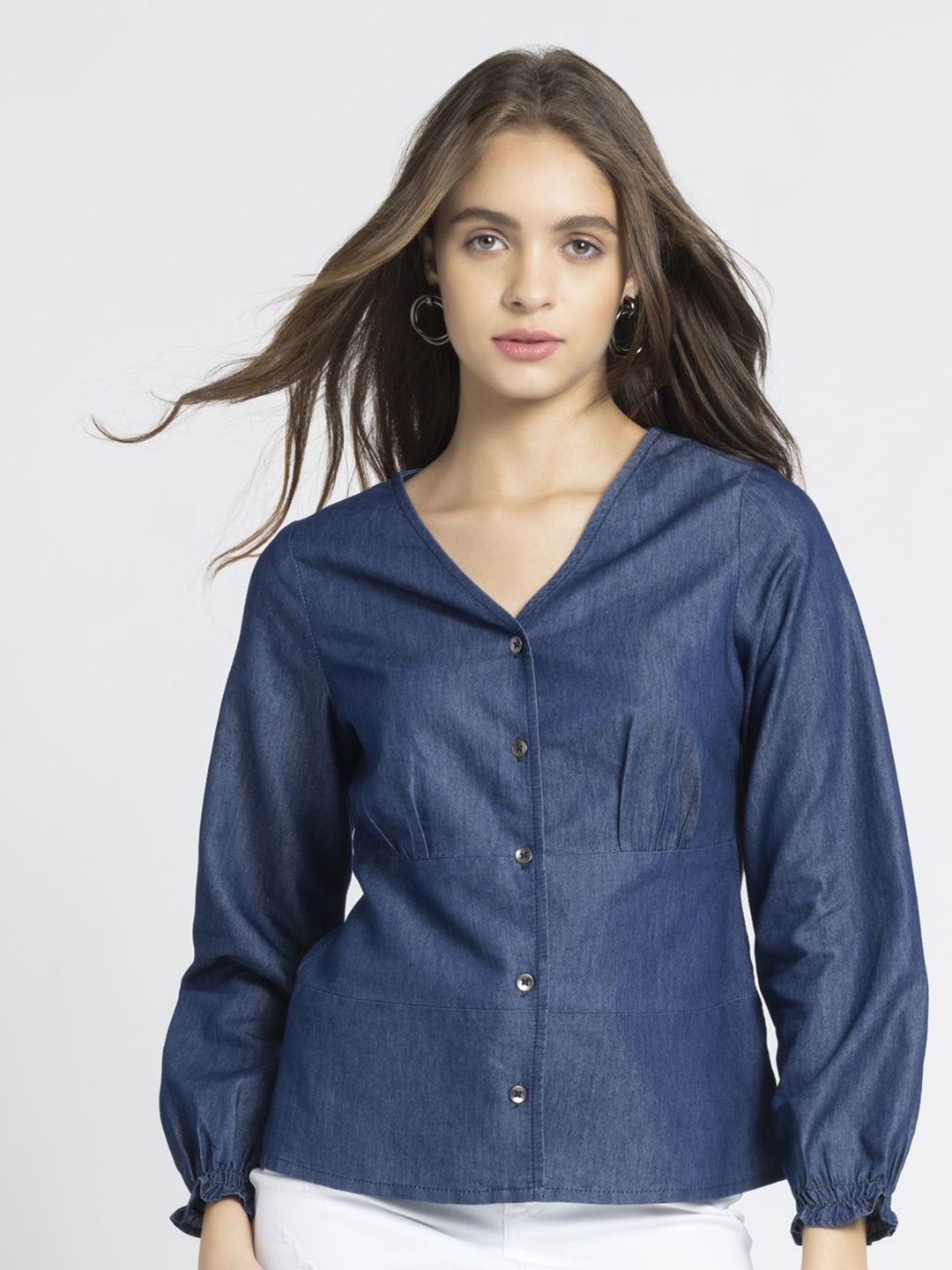 

SHAYE Women Denim V-Neck Casual Top, Blue