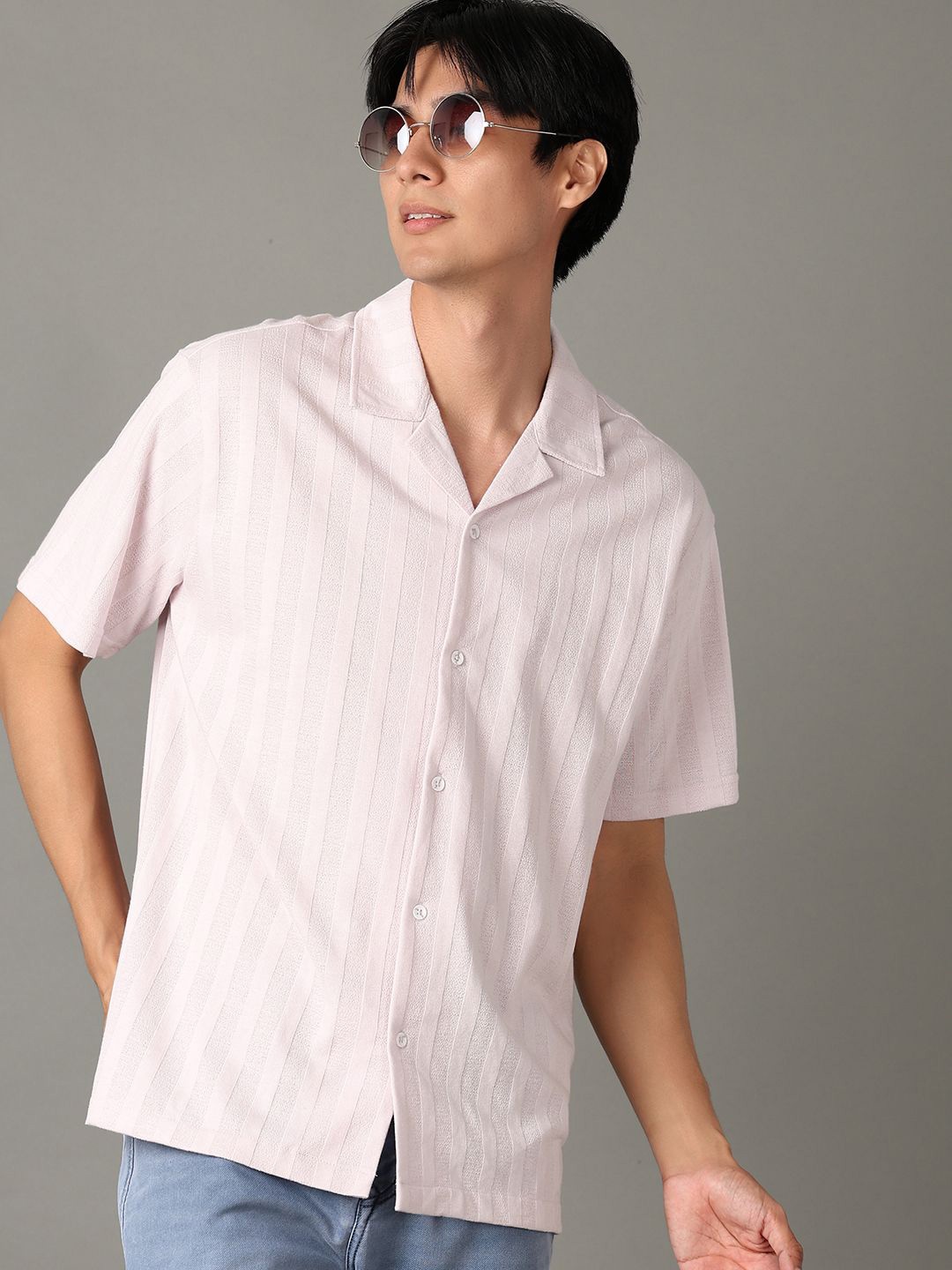 

V-Mart Men Cuban Collar Textured Cotton Casual Shirt, Pink