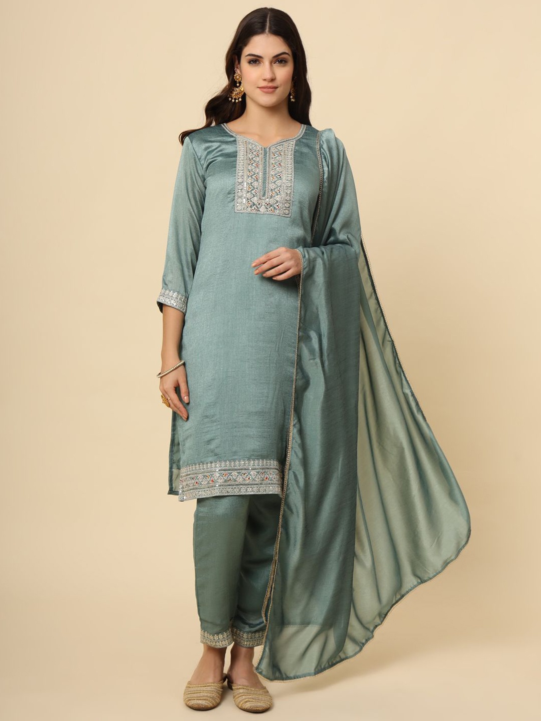 

HERE&NOW Grey Floral Embroidered Straight Kurta With Palazzos & Dupatta